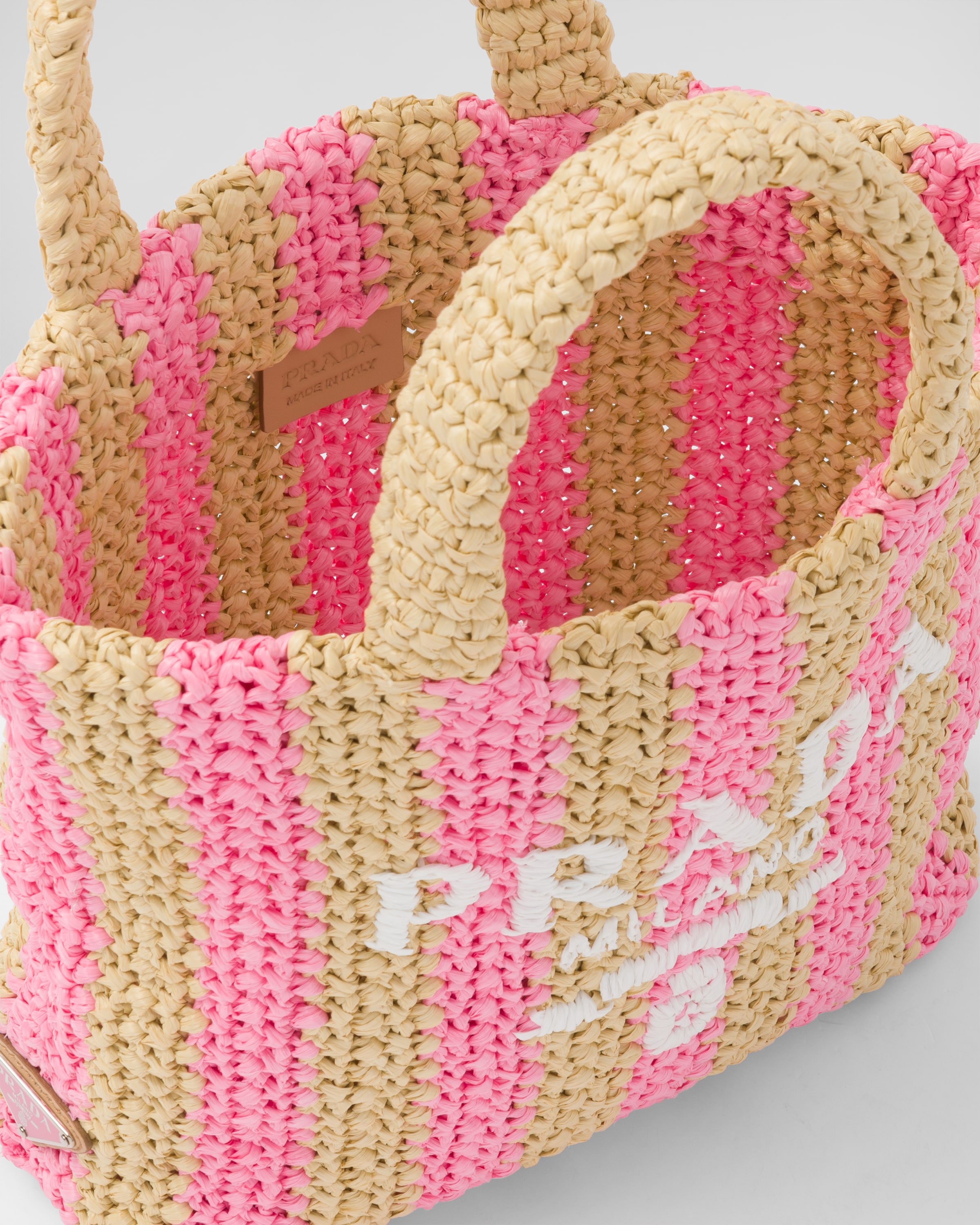 Tan/petal Pink Small raffia tote bag | Prada