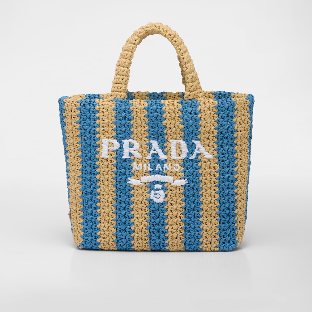 Tan / Light Blue Small raffia tote bag | Prada