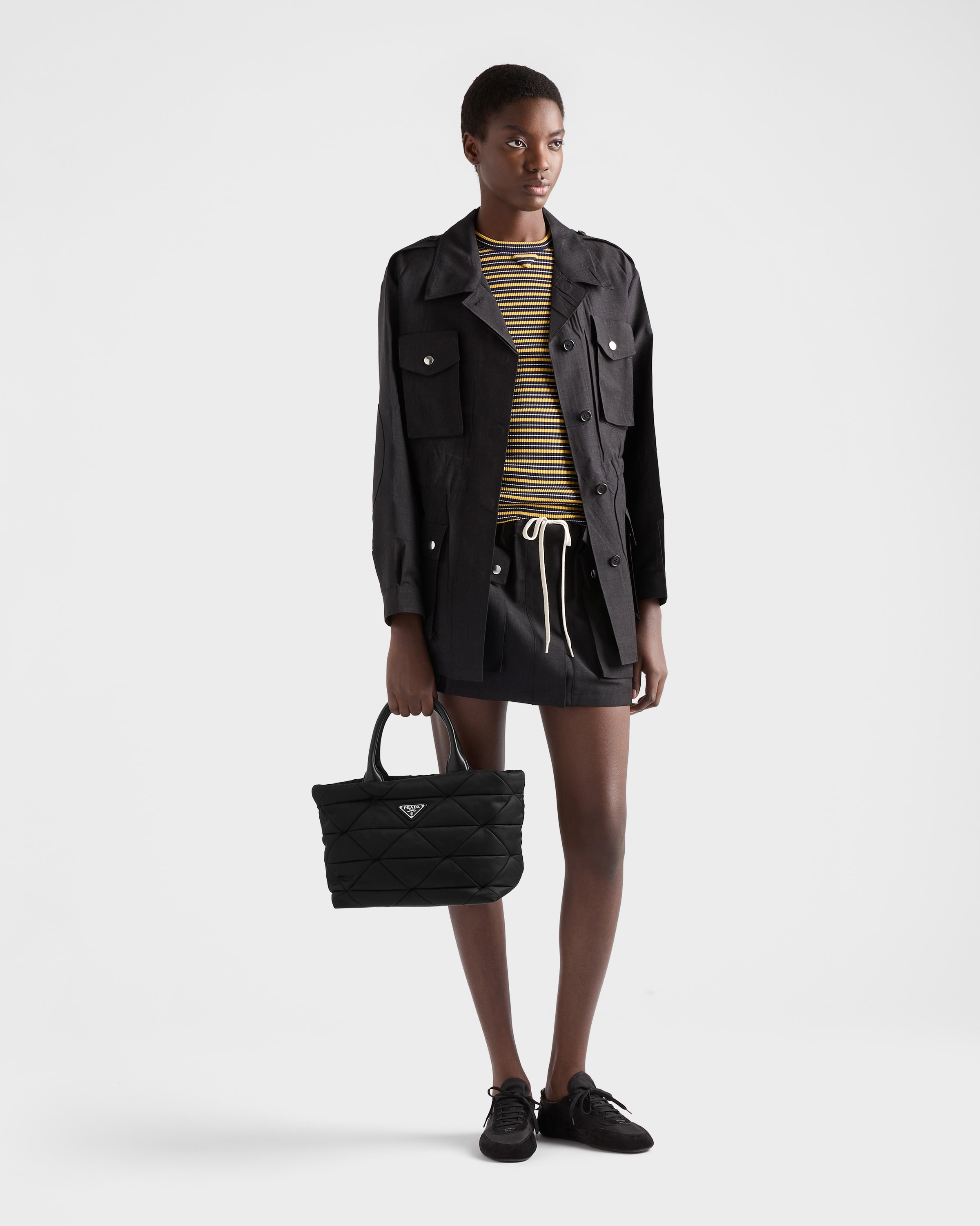 ブラック ミディアム パデッド Re-nylon Xレザー トートバッグ | PRADA