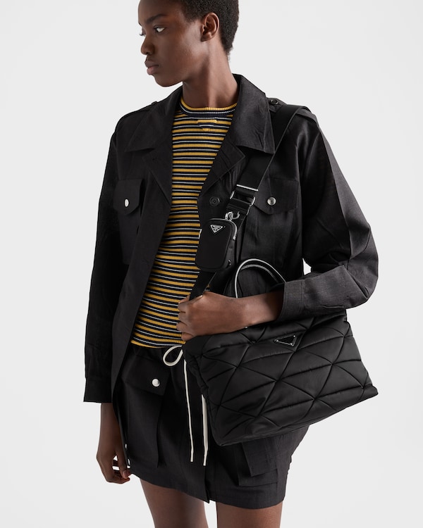 Medium padded Re-Nylon and leather tote bag - Black Medium padded Re-Nylon and leather tote bag - Black