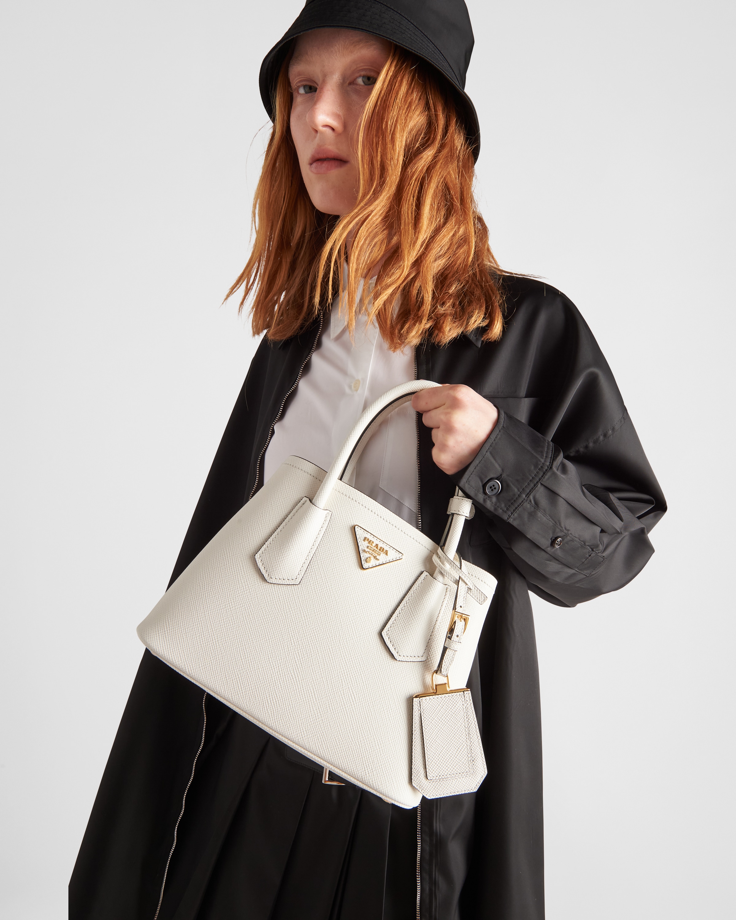 White/black Prada Double Saffiano Leather Mini Bag