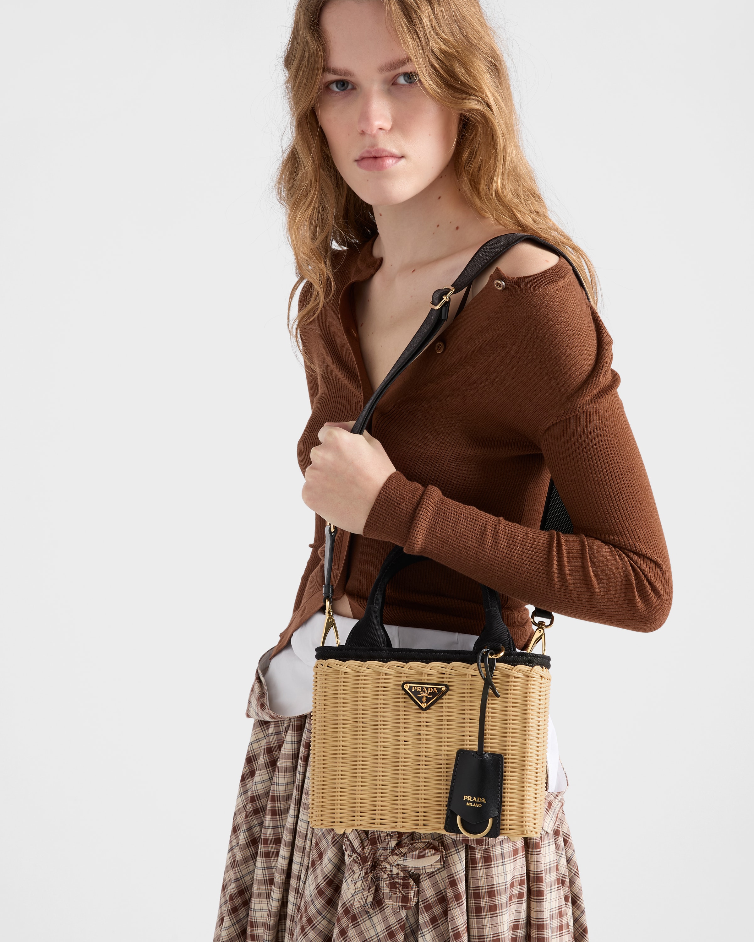 タン/ブラック スモール ウィッカー キャンバス トートバッグ | PRADA