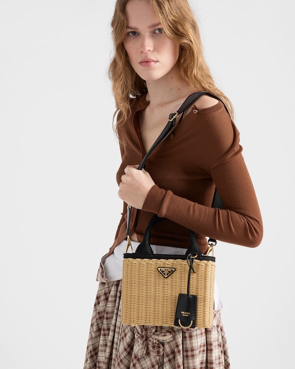 Small wicker and canvas tote bag - Tan/Black Small wicker and canvas tote bag - Tan/Black