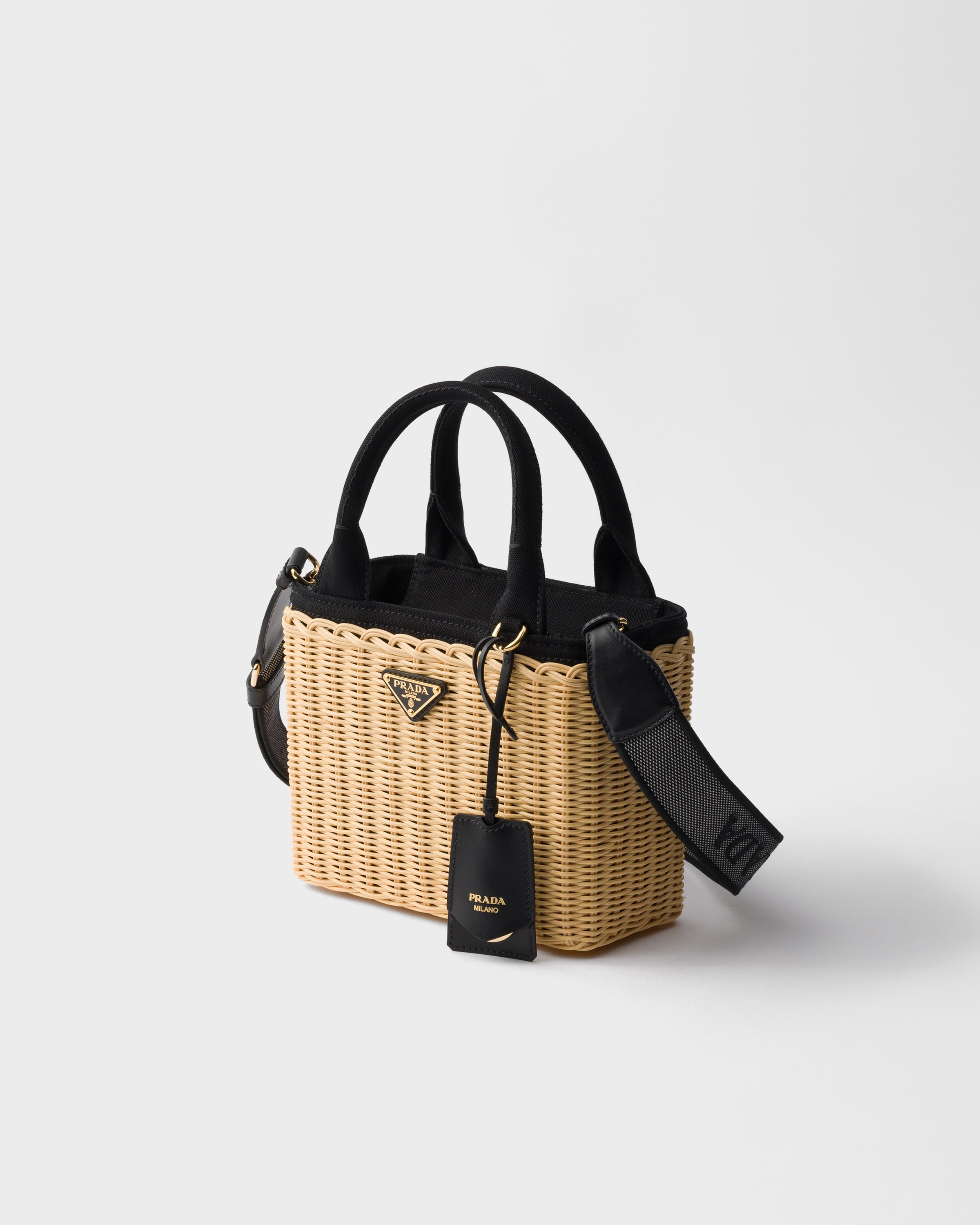 タン/ブラック スモール ウィッカー キャンバス トートバッグ | PRADA