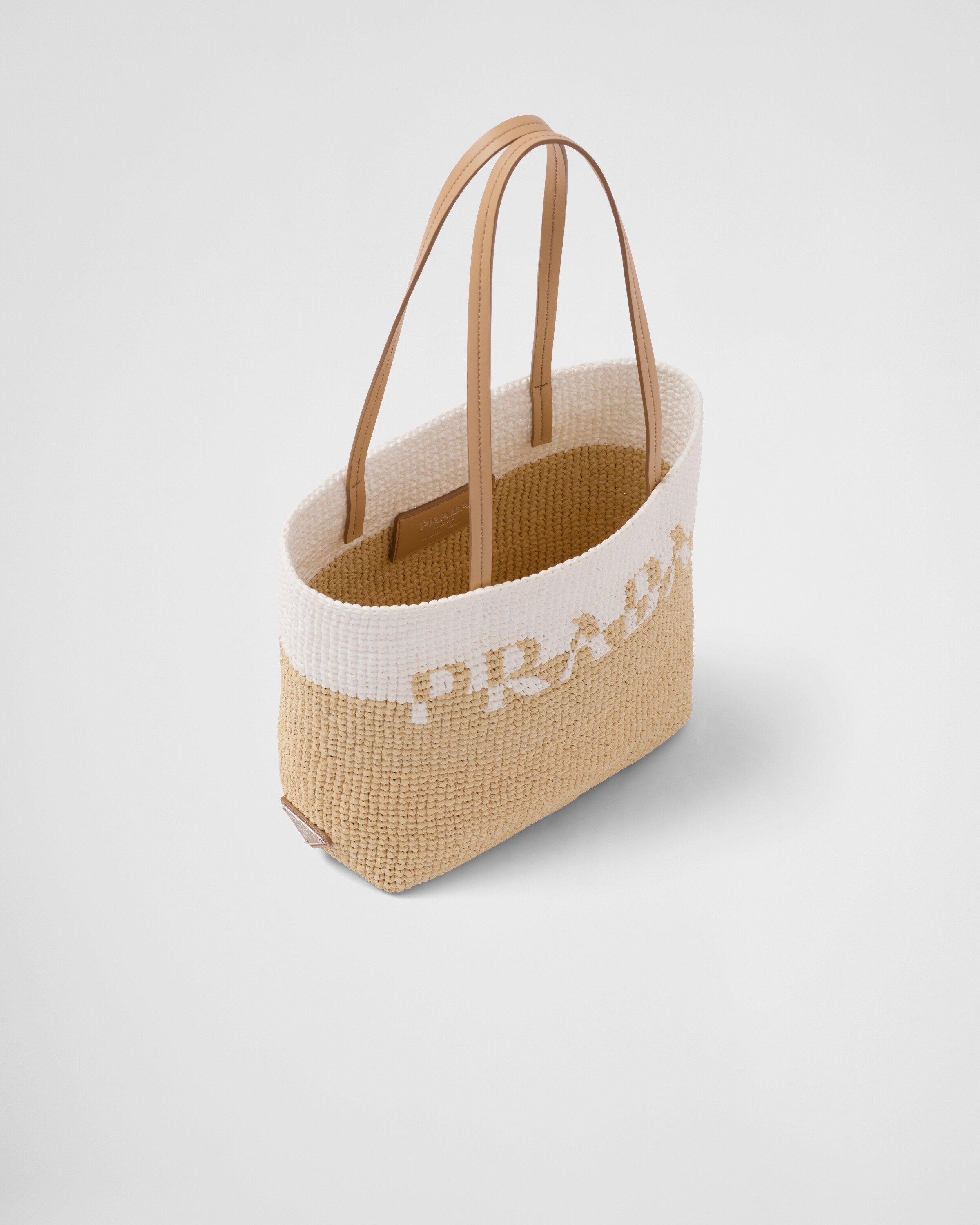 Tan/white Raffia tote bag | Prada