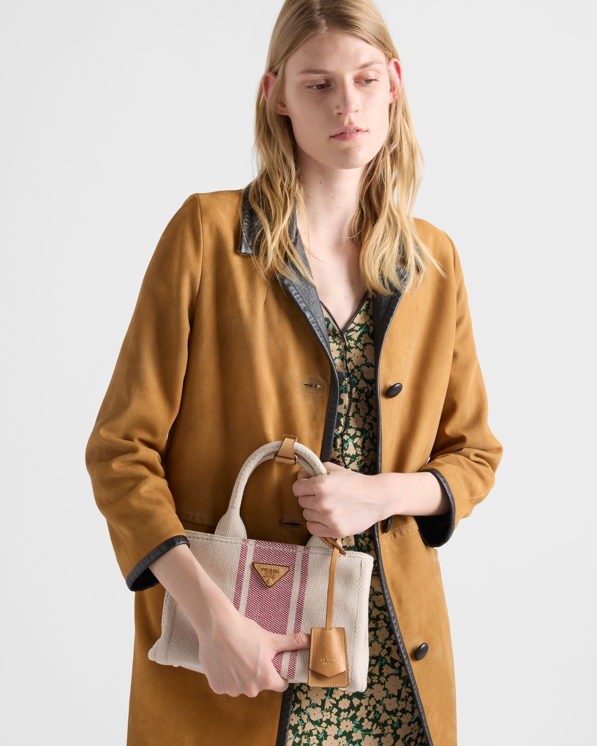 Tan/Red Prada Jardinière small cotton canvas bag | PRADA - United