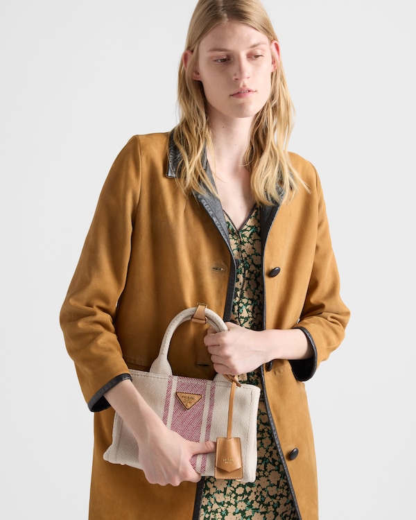 Kleine Prada Jardinière Tasche aus Baumwoll-Canvas - Hellbraun/Rot Kleine Prada Jardinière Tasche aus Baumwoll-Canvas - Hellbraun/Rot