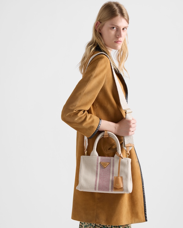 Kleine Prada Jardinière Tasche aus Baumwoll-Canvas - Hellbraun/Rot Kleine Prada Jardinière Tasche aus Baumwoll-Canvas - Hellbraun/Rot