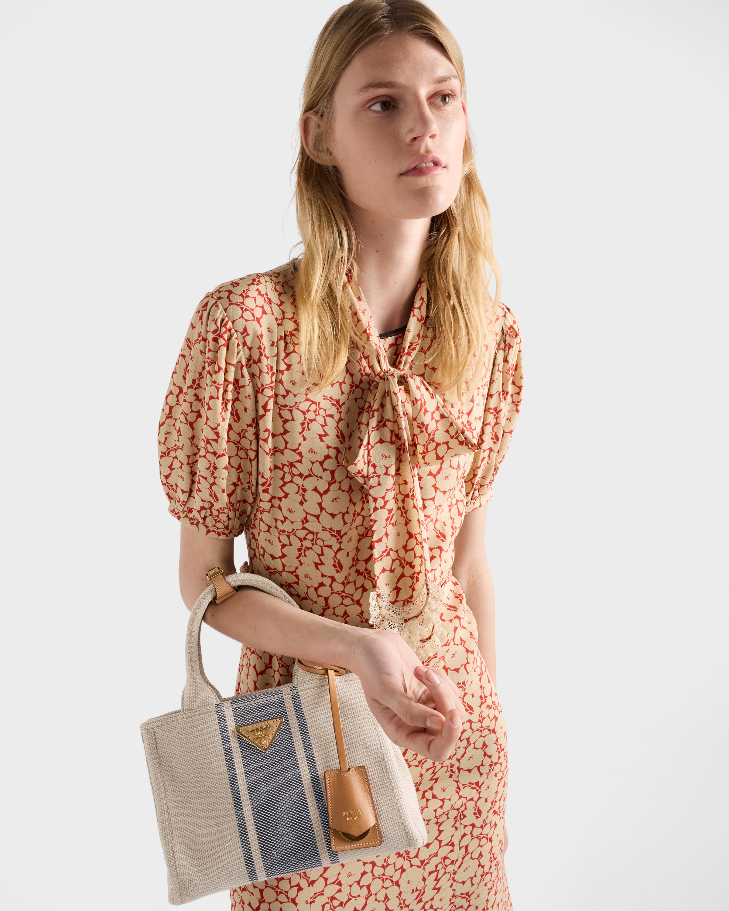 Beige/Baltic Blue Prada Jardinière small cotton canvas bag | PRADA