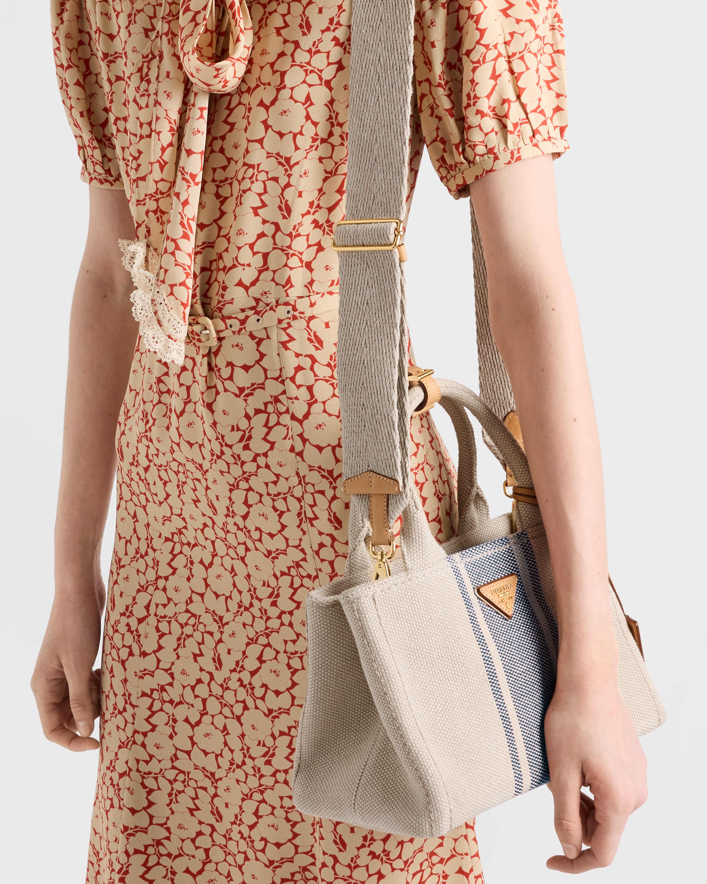 Beige/Baltic Blue Prada Jardinière small cotton canvas bag | PRADA