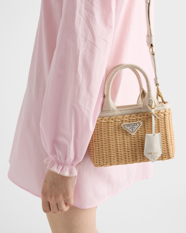 ミニ ウィッカーxリネン混紡 トートバッグ - ベージュ/ホワイト ミニ ウィッカーxリネン混紡 トートバッグ - ベージュ/ホワイト