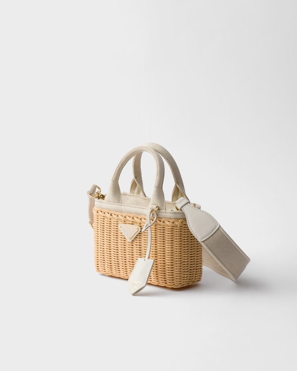 ミニ ウィッカーxリネン混紡 トートバッグ - ベージュ/ホワイト ミニ ウィッカーxリネン混紡 トートバッグ - ベージュ/ホワイト