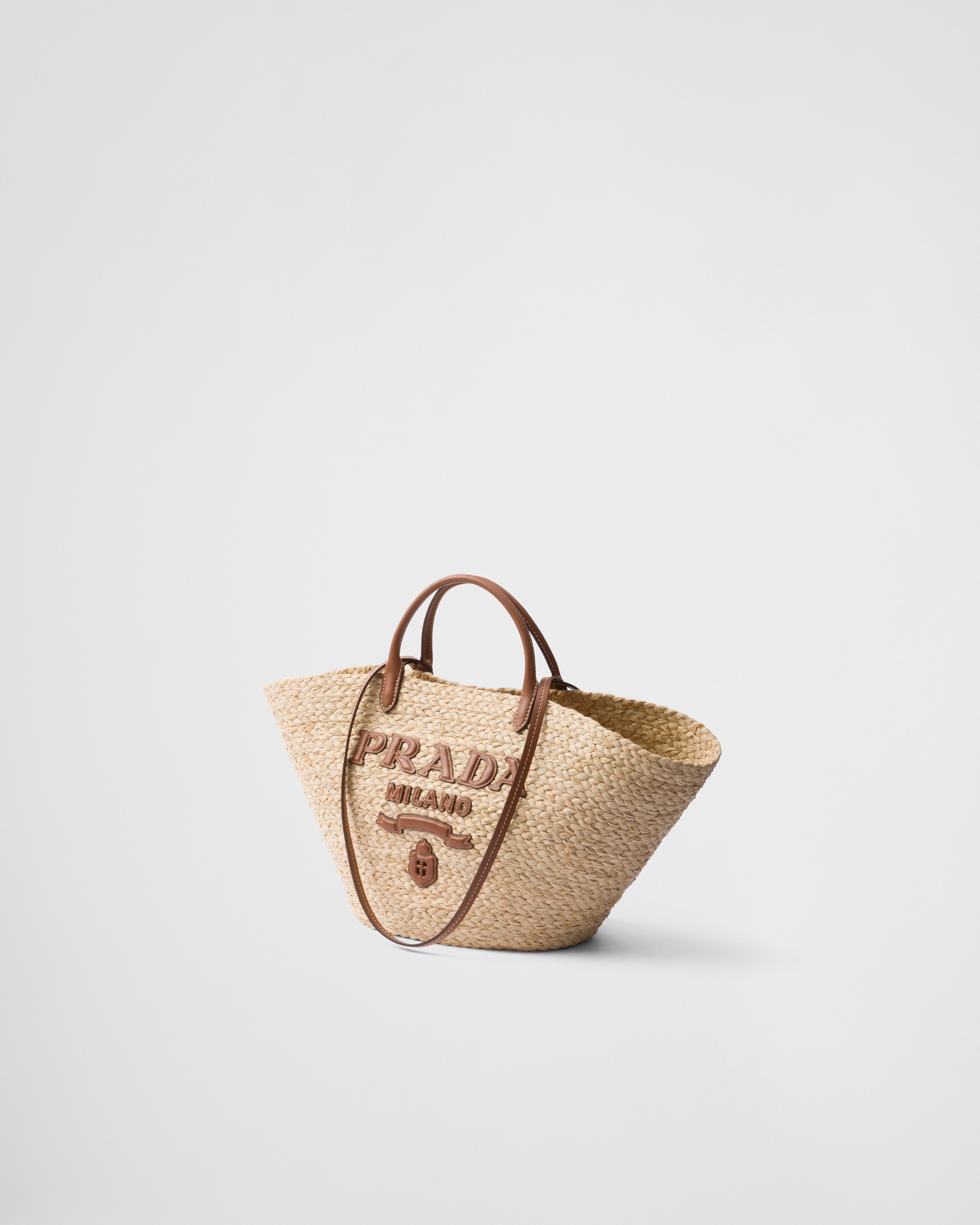 Shop Prada Large Woven Fabric And Leather Tote Bag In Beige/cognac