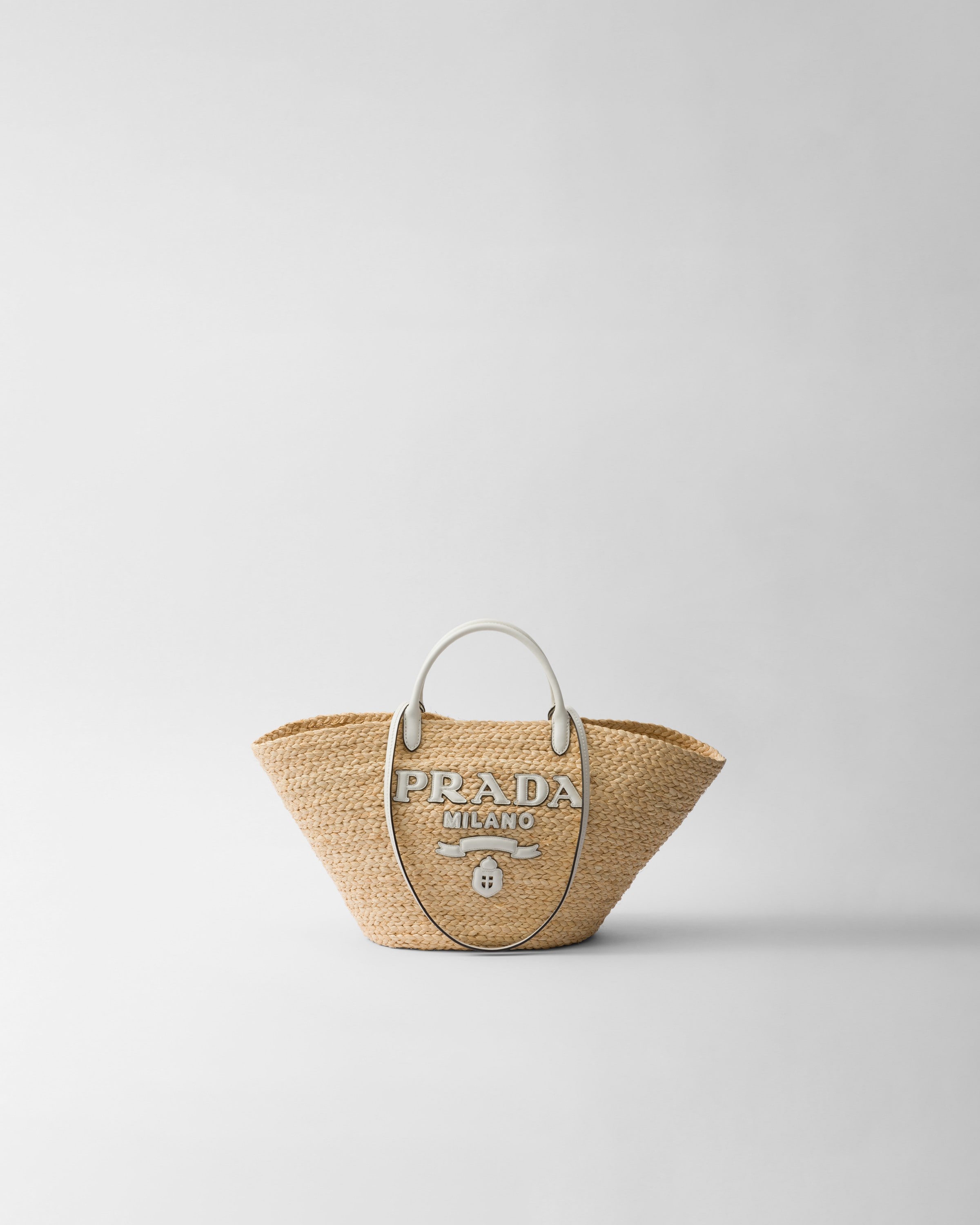 Prada Grand Shopping Bag En Raphia Et Cuir, Femme, Fauve/blanc