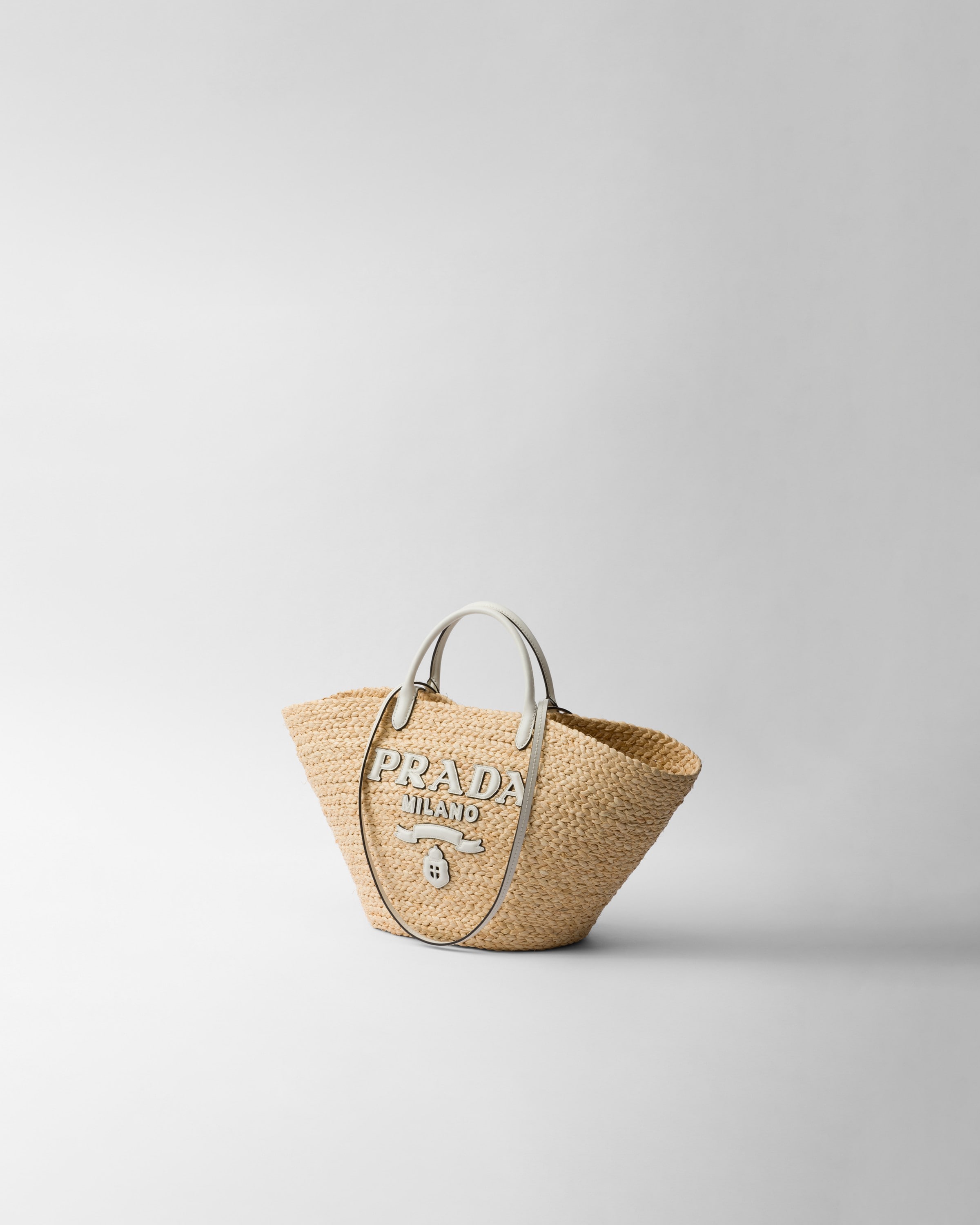 Tan white Large Raffia And Leather Shopping Bag PRADA