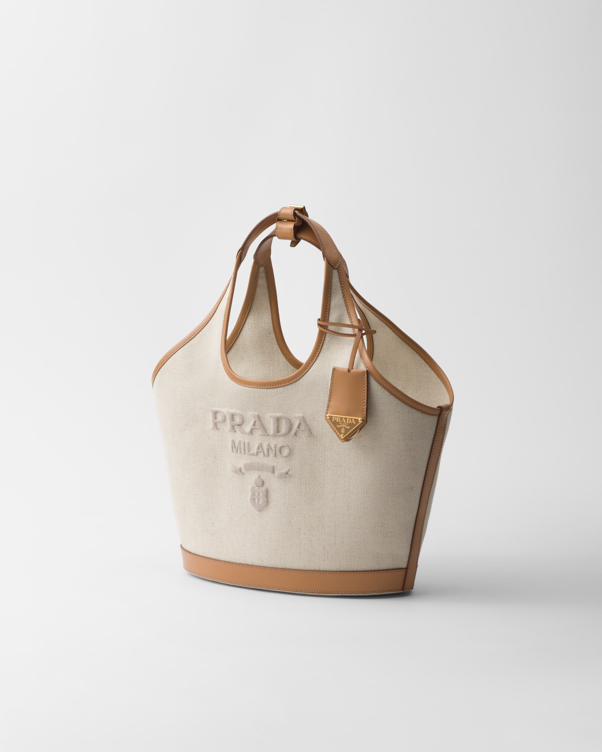 Shop Prada Medium Linen Blend And Leather Tote Bag In Natural