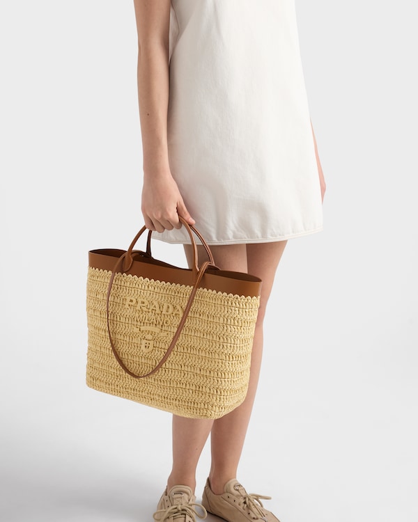 中号钩编与皮革托特包 - 自然色/干邑色 中号钩编与皮革托特包 - 自然色/干邑色