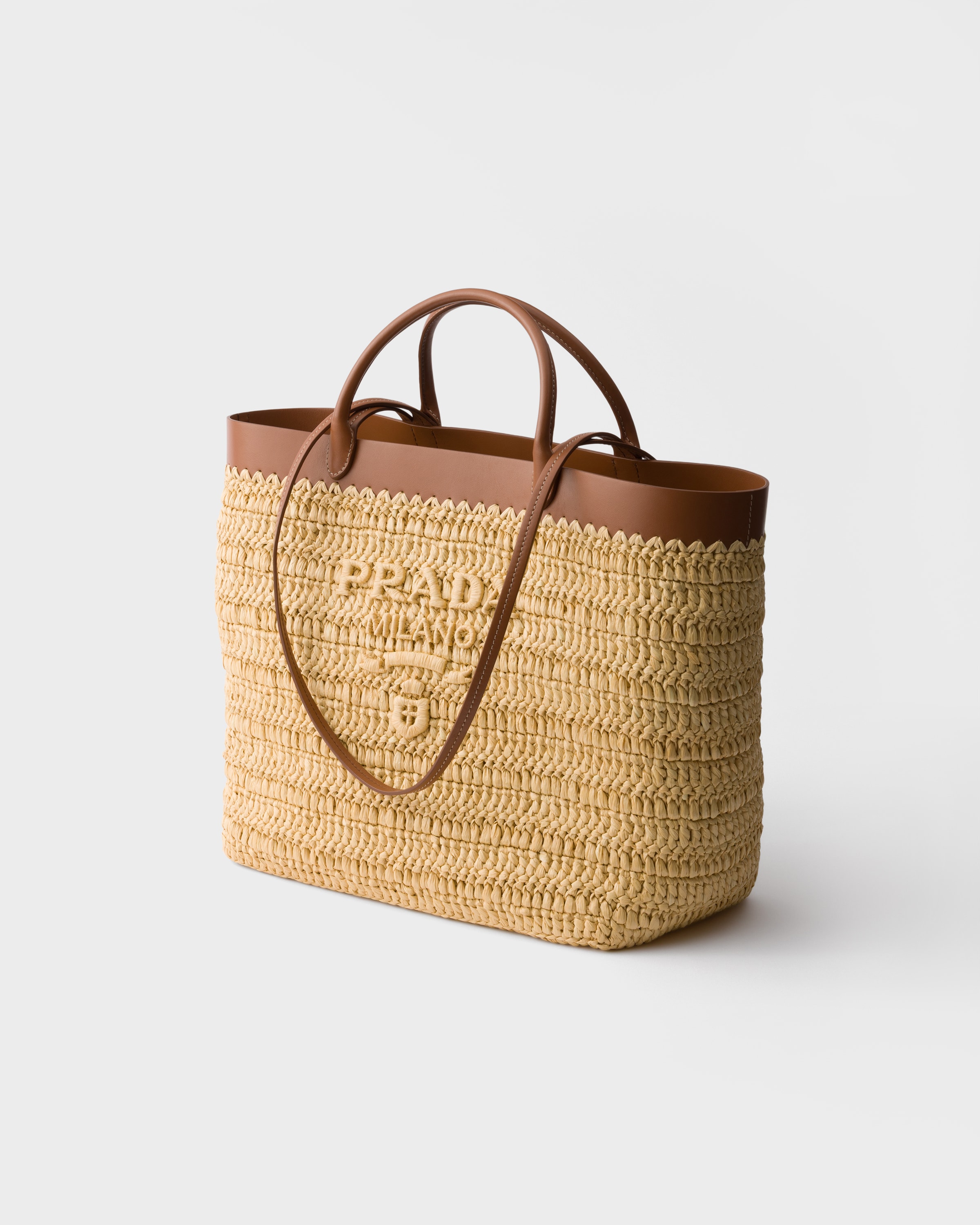 Natural/Cognac Medium crochet and leather tote bag | PRADA