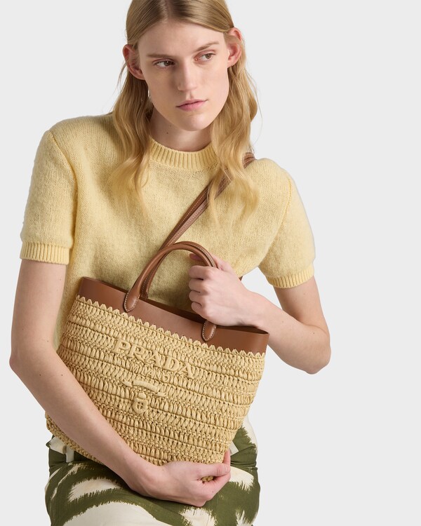 حقيبة تسوّق صغيرة من الجلد والكروشيه - طبيعي/كونياك حقيبة تسوّق صغيرة من الجلد والكروشيه - طبيعي/كونياك