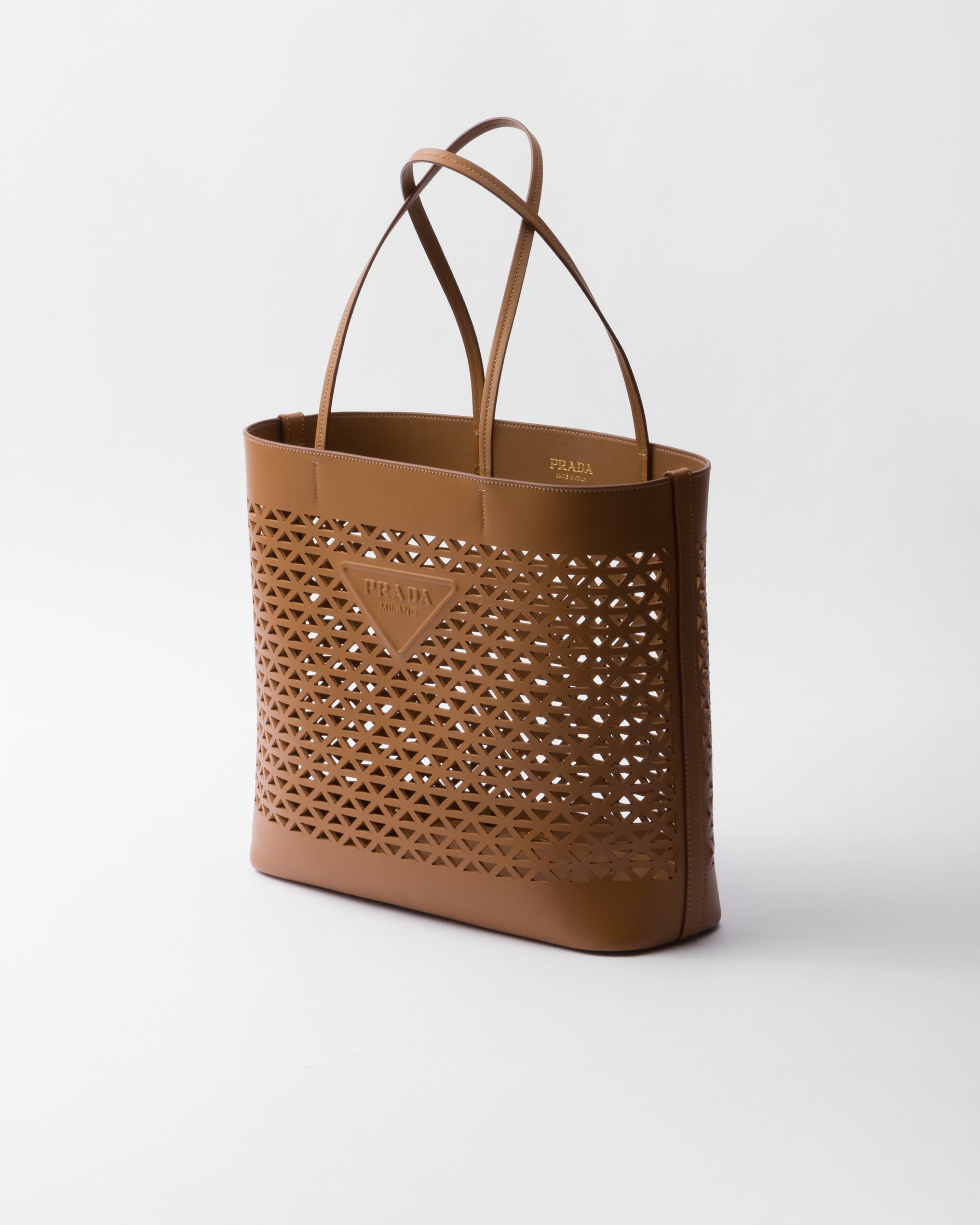 Shop Prada Large Perforated Leather Tote Bag In Caramel