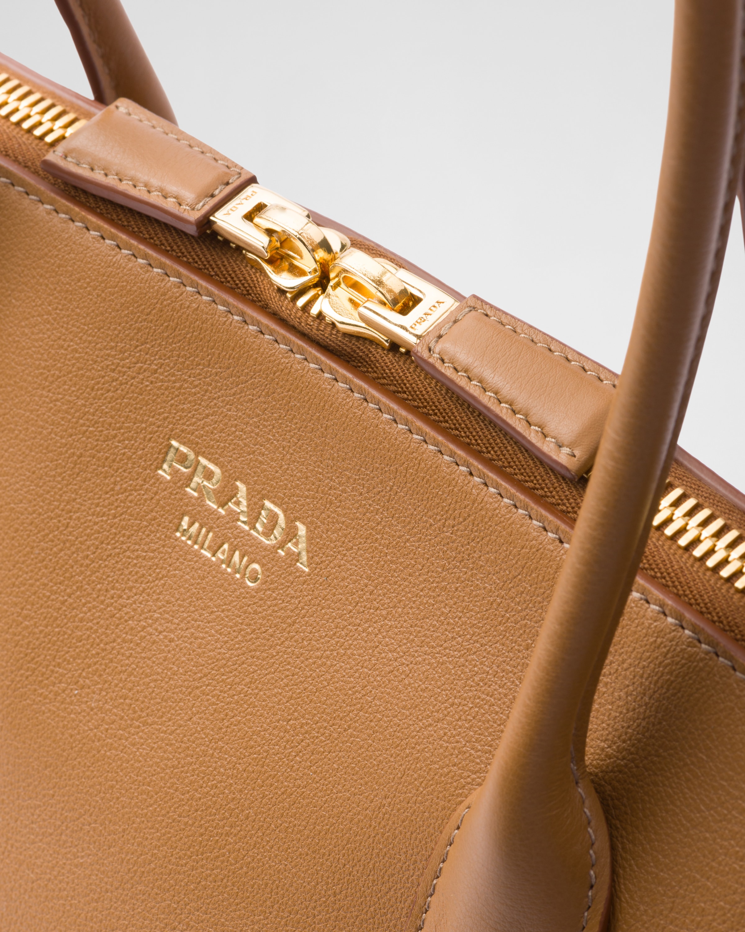 Caramel Large Leather Tote Bag With Zipper Closure PRADA