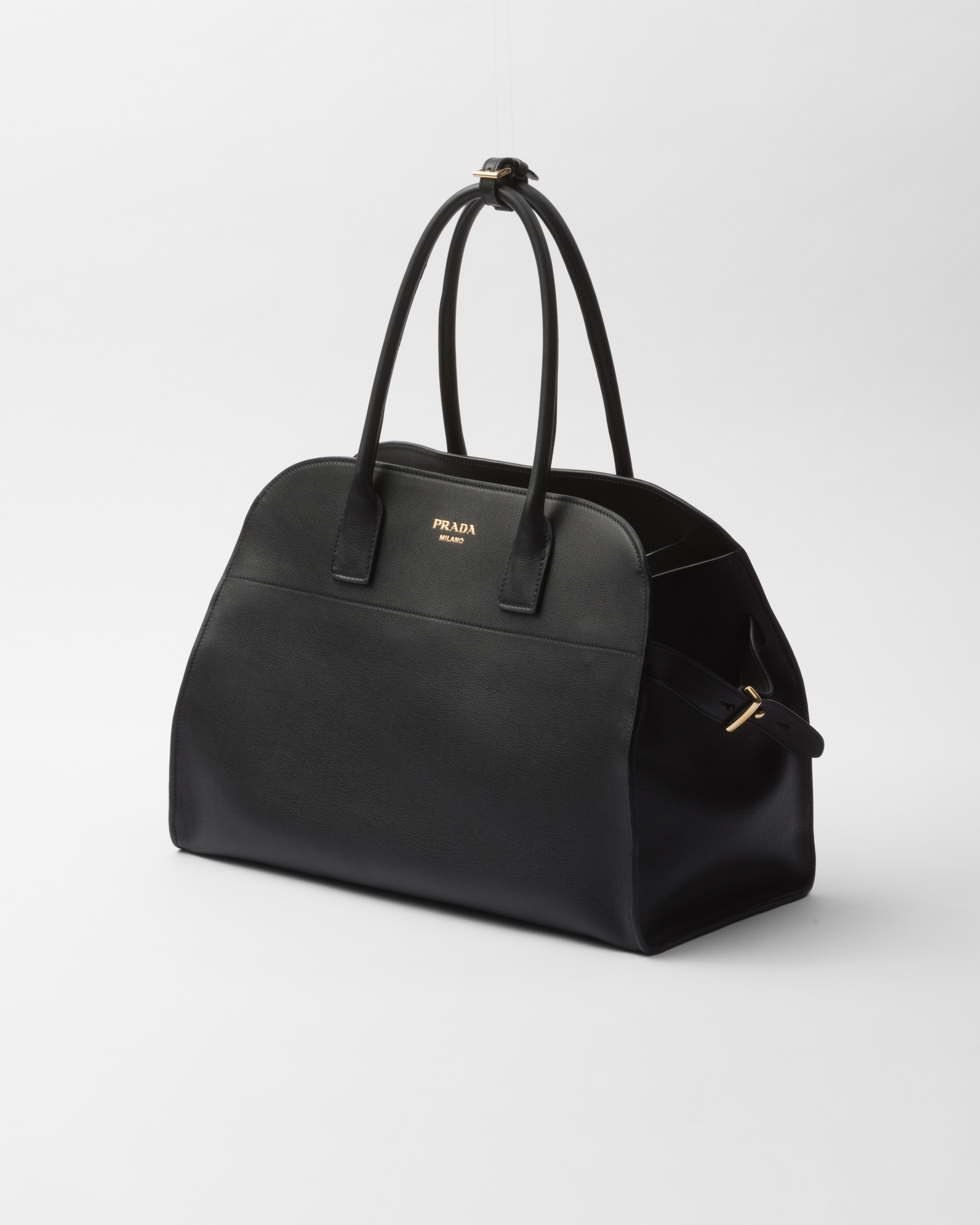Black Large Leather Tote Bag With Buckles PRADA