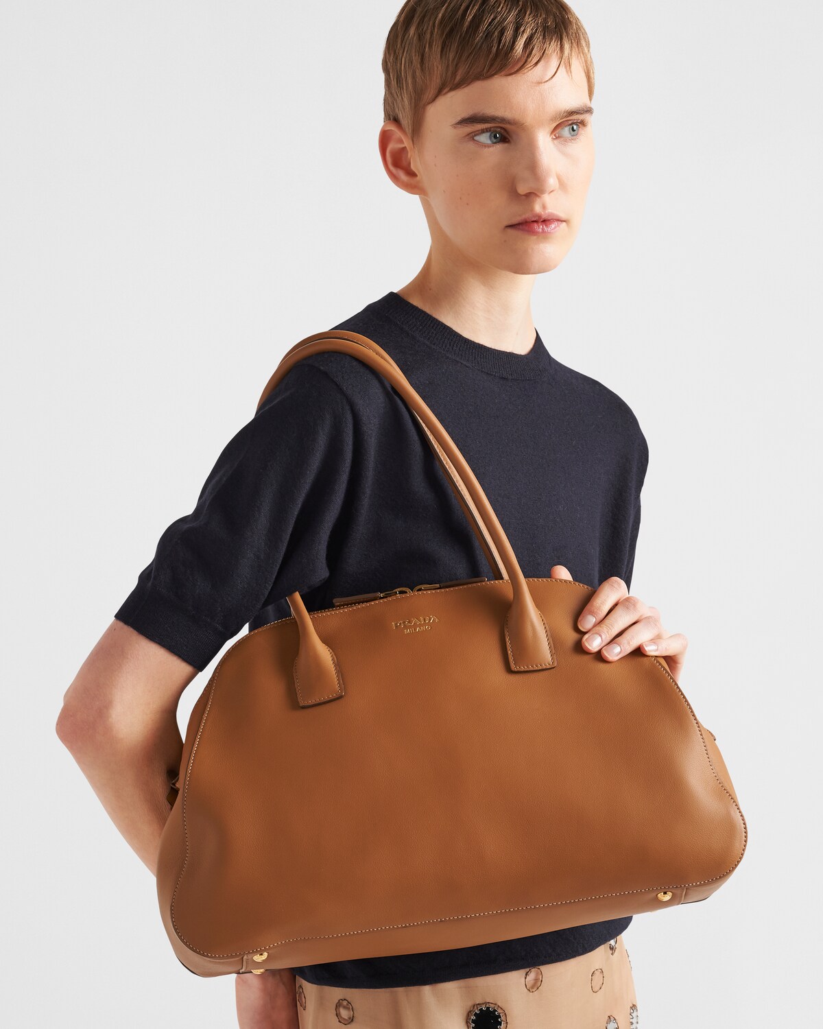 Caramel Medium Leather Tote Bag With Zipper Closure | PRADA