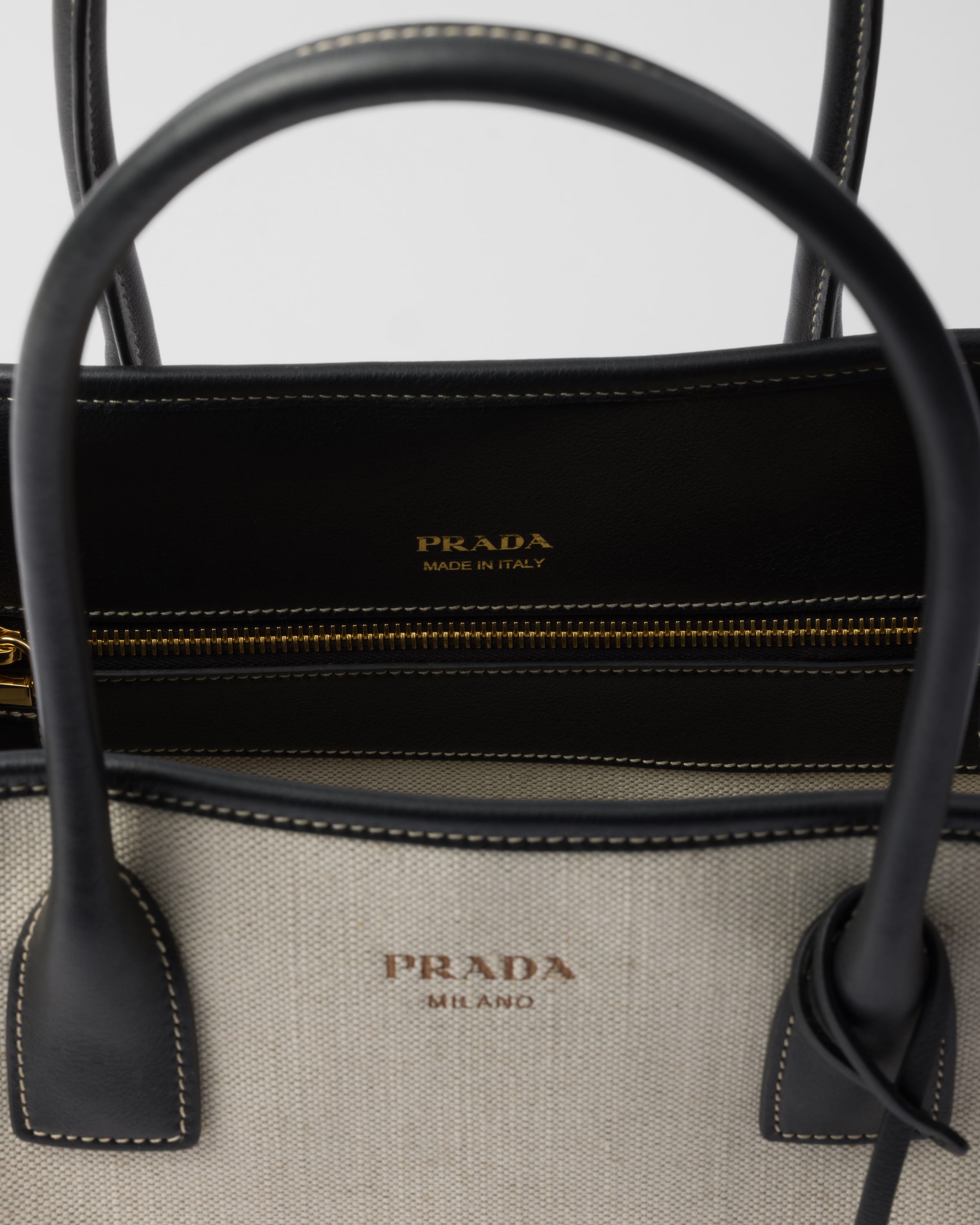 Shop Prada Medium Linen Blend And Leather Tote Bag In Tan/black