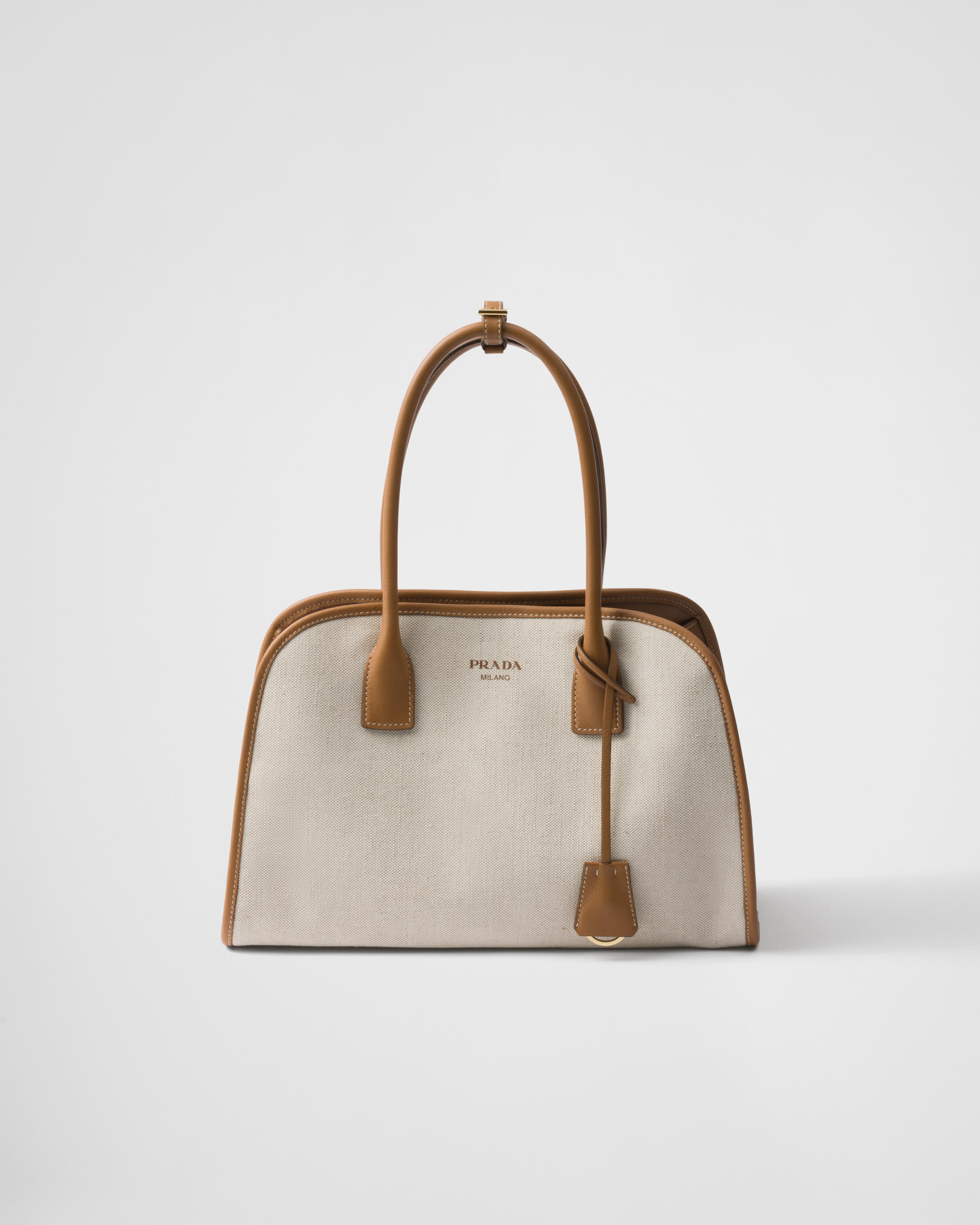 Tan/Caramel Medium linen blend and leather tote bag | PRADA