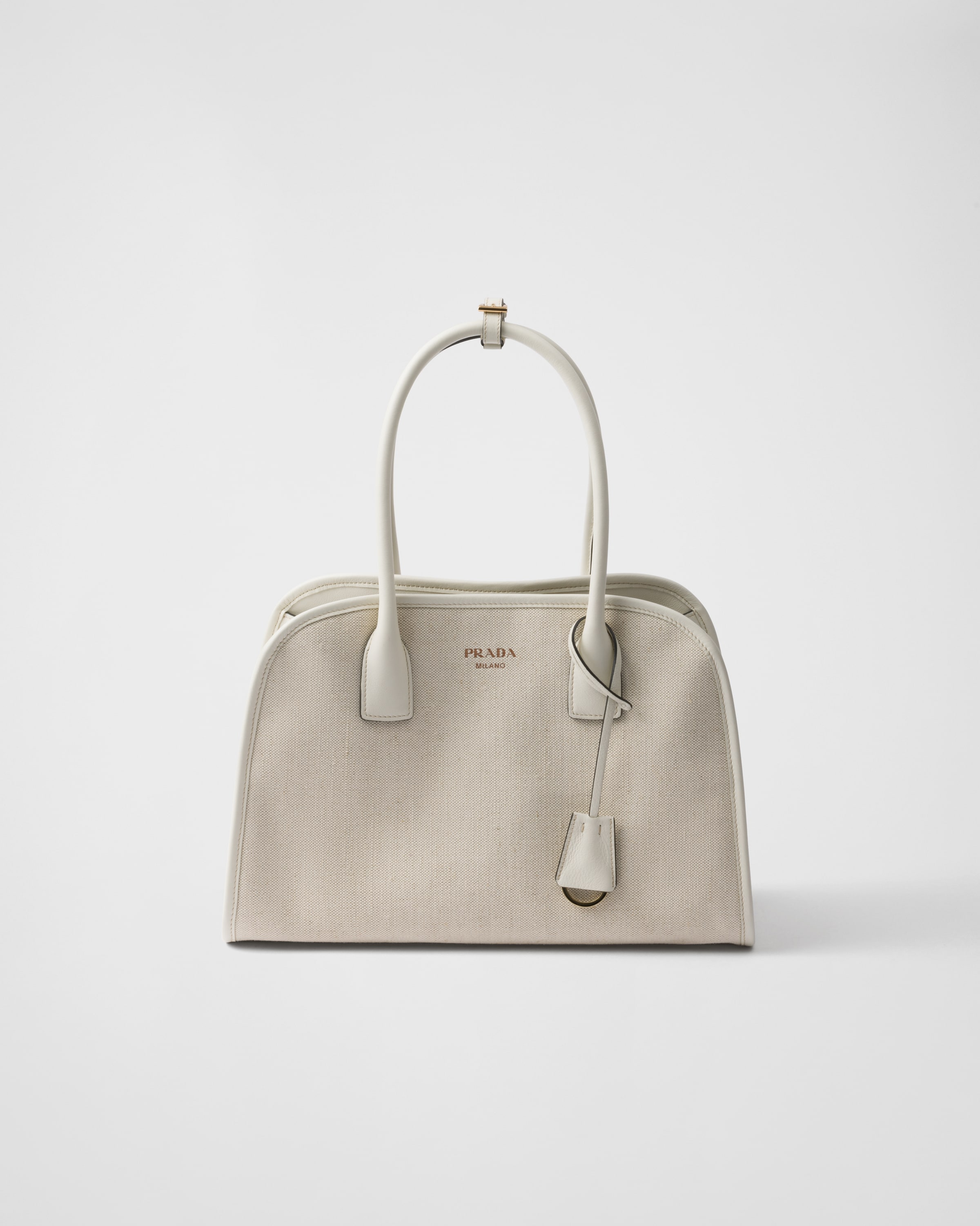Prada Medium Linen Blend And Leather Tote Bag In Tan/white