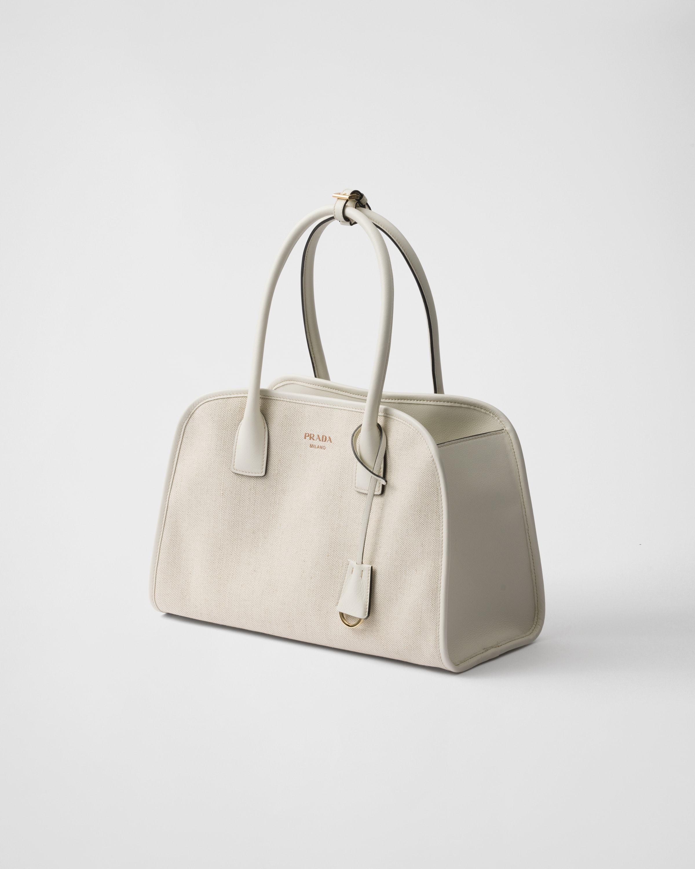 Prada Medium Linen-blend Tote Bag In Tan/white