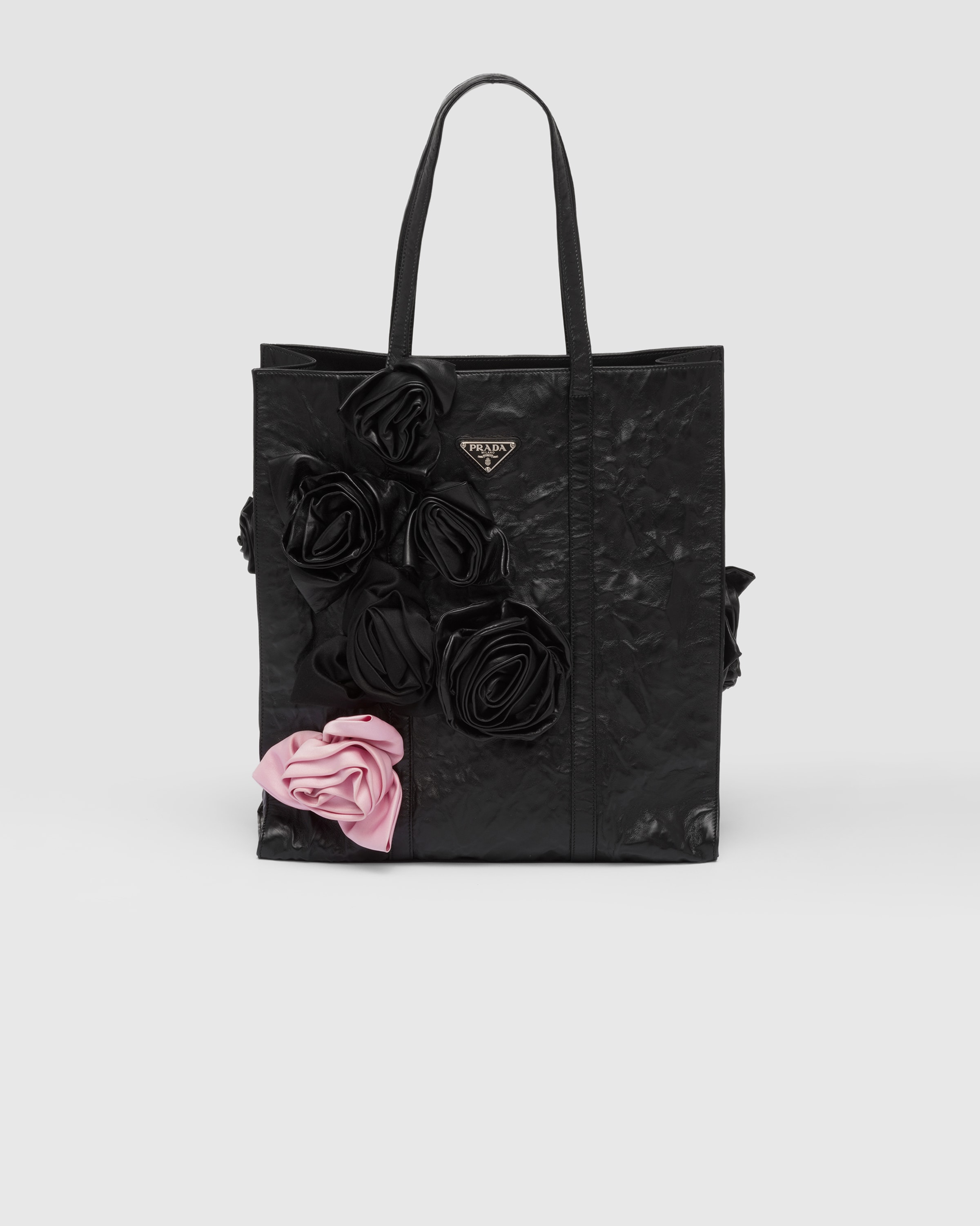 Black Medium antique nappa leather tote with flowers | Prada