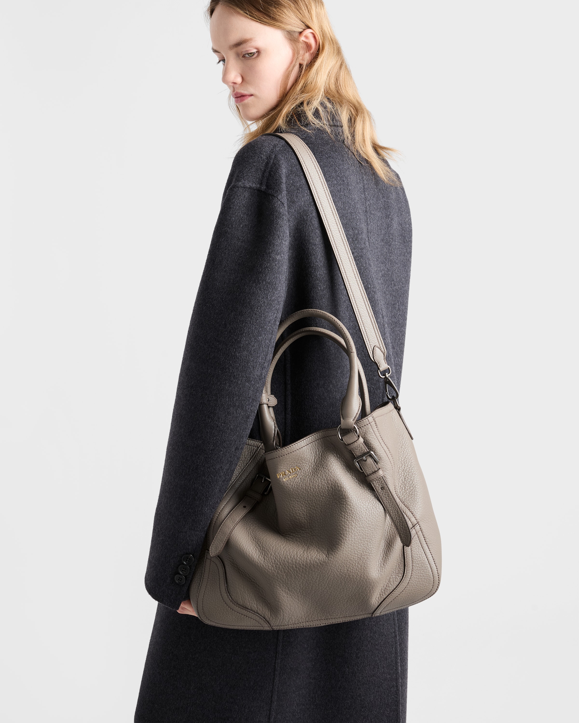 Clay Grey Large Leather Tote Bag | PRADA