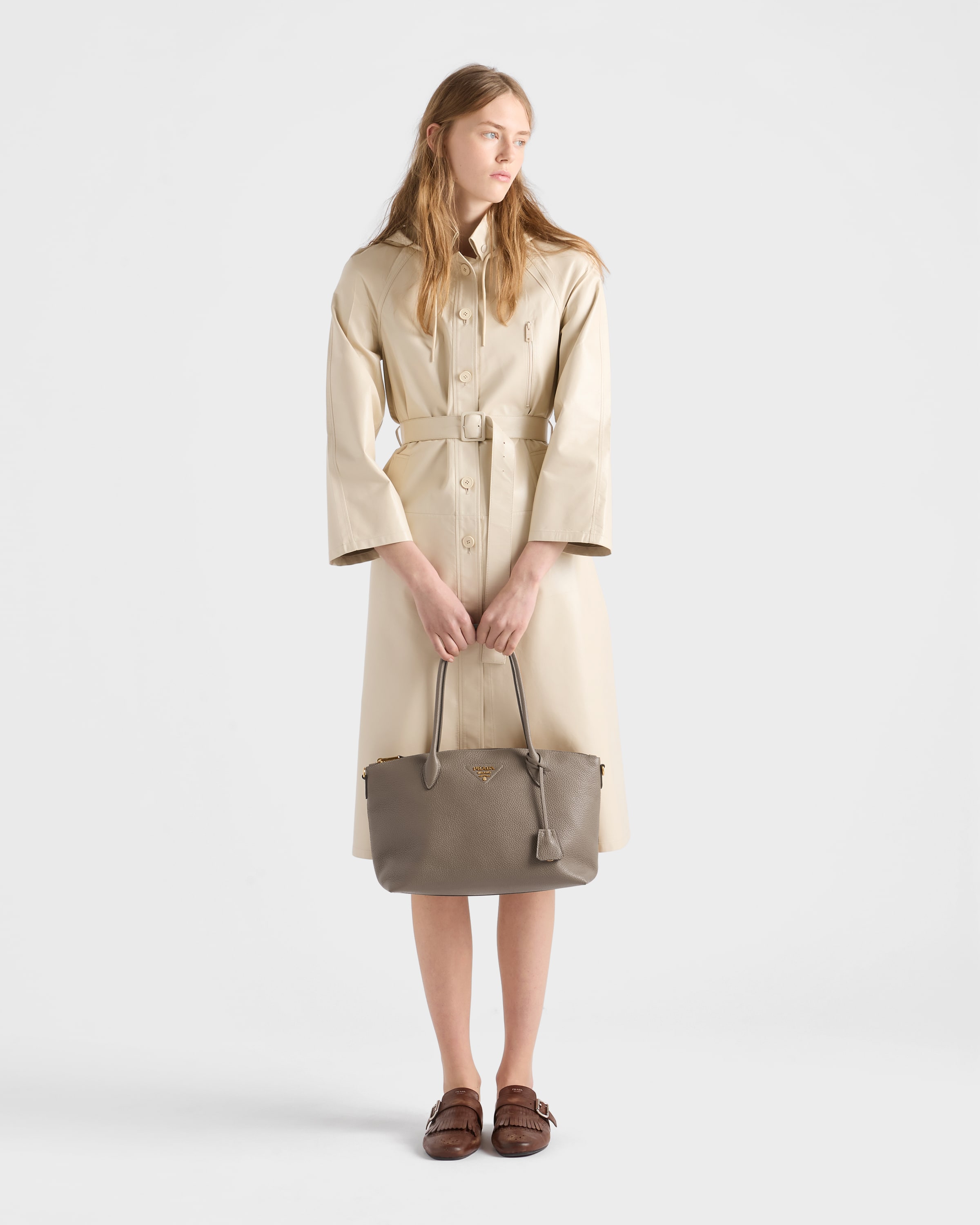 Clay Gray Large Leather Tote Bag | PRADA - Turkey