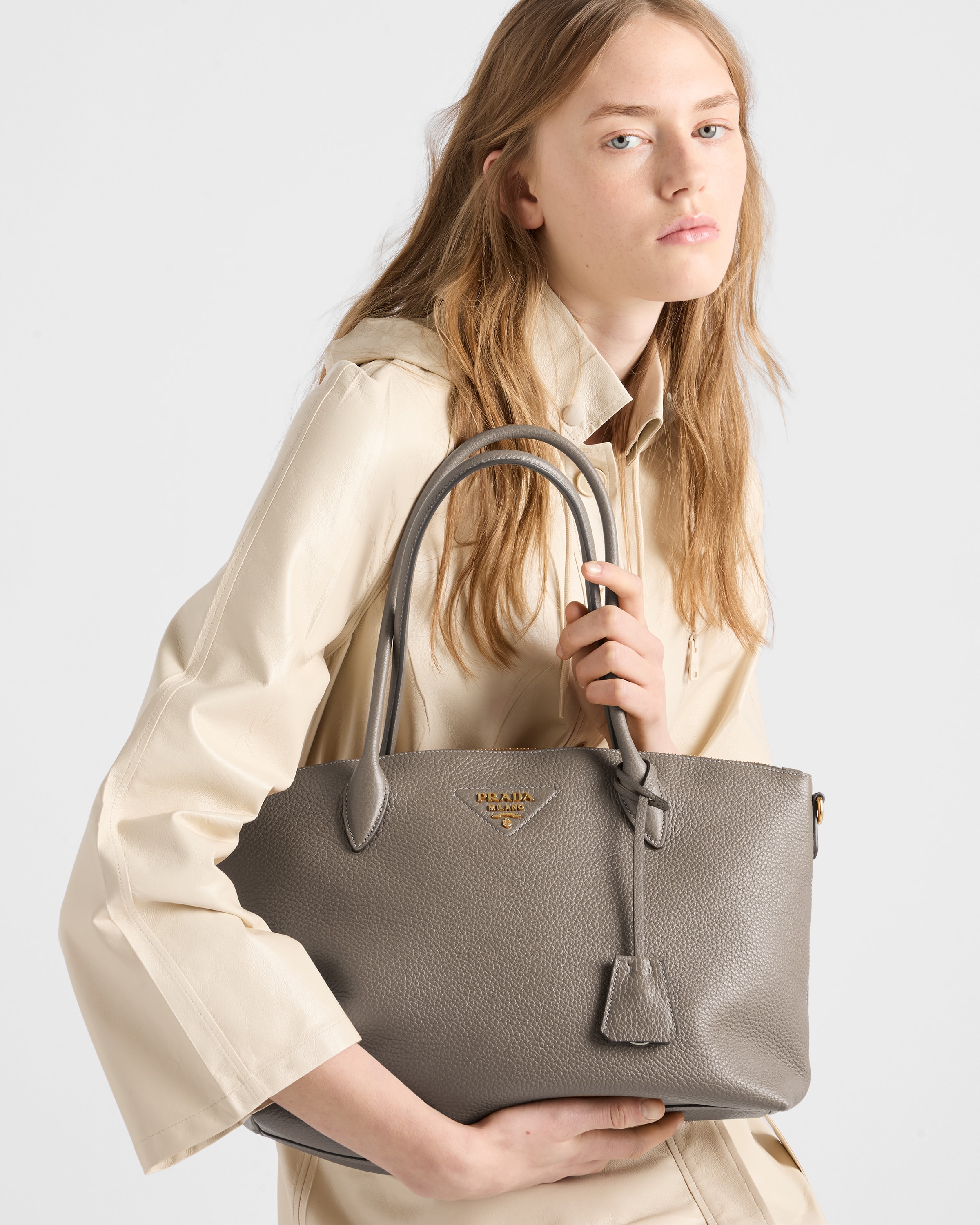 Clay Gray Large Leather Tote Bag | PRADA - Turkey