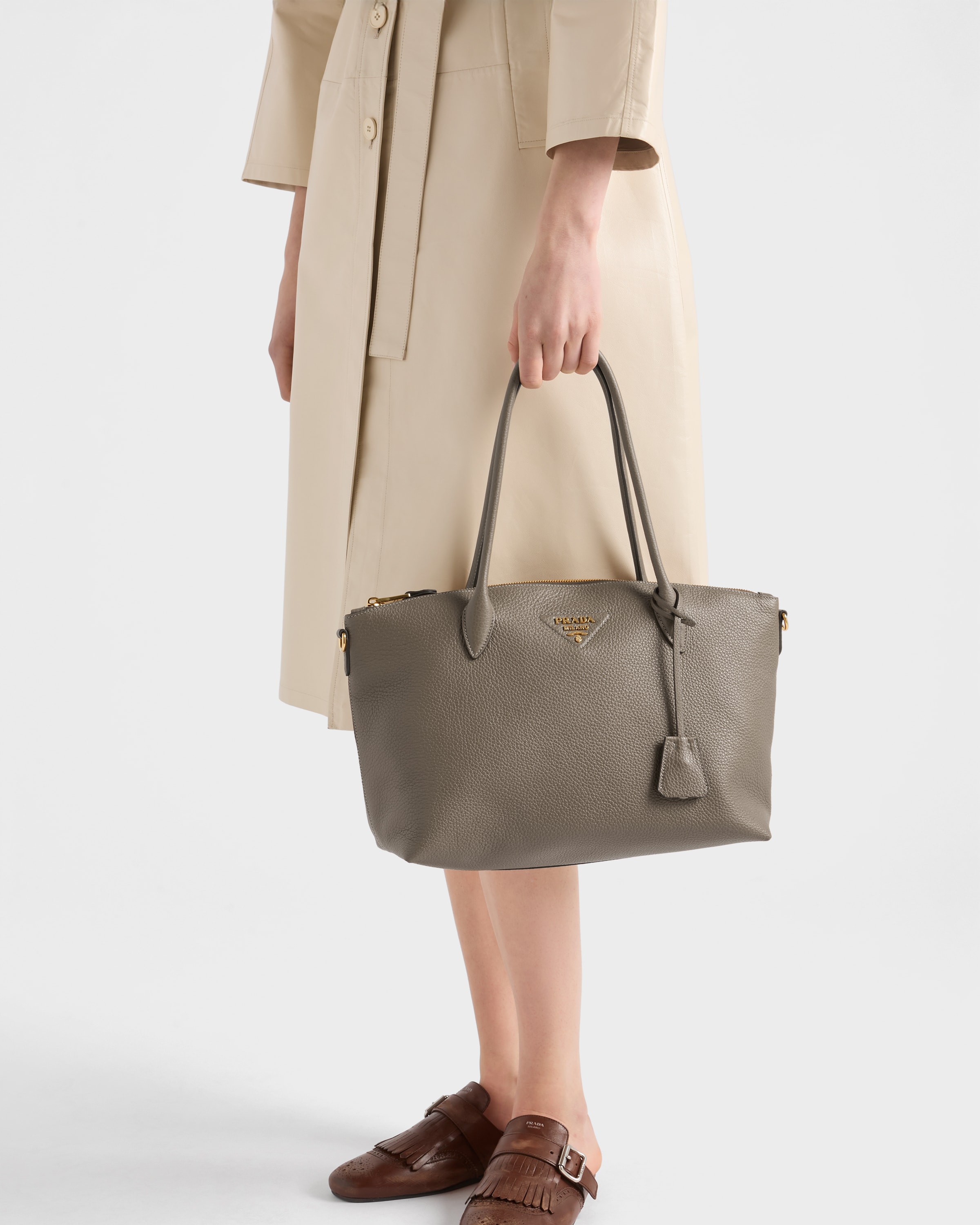 Clay Gray Large Leather Tote Bag | PRADA - Turkey