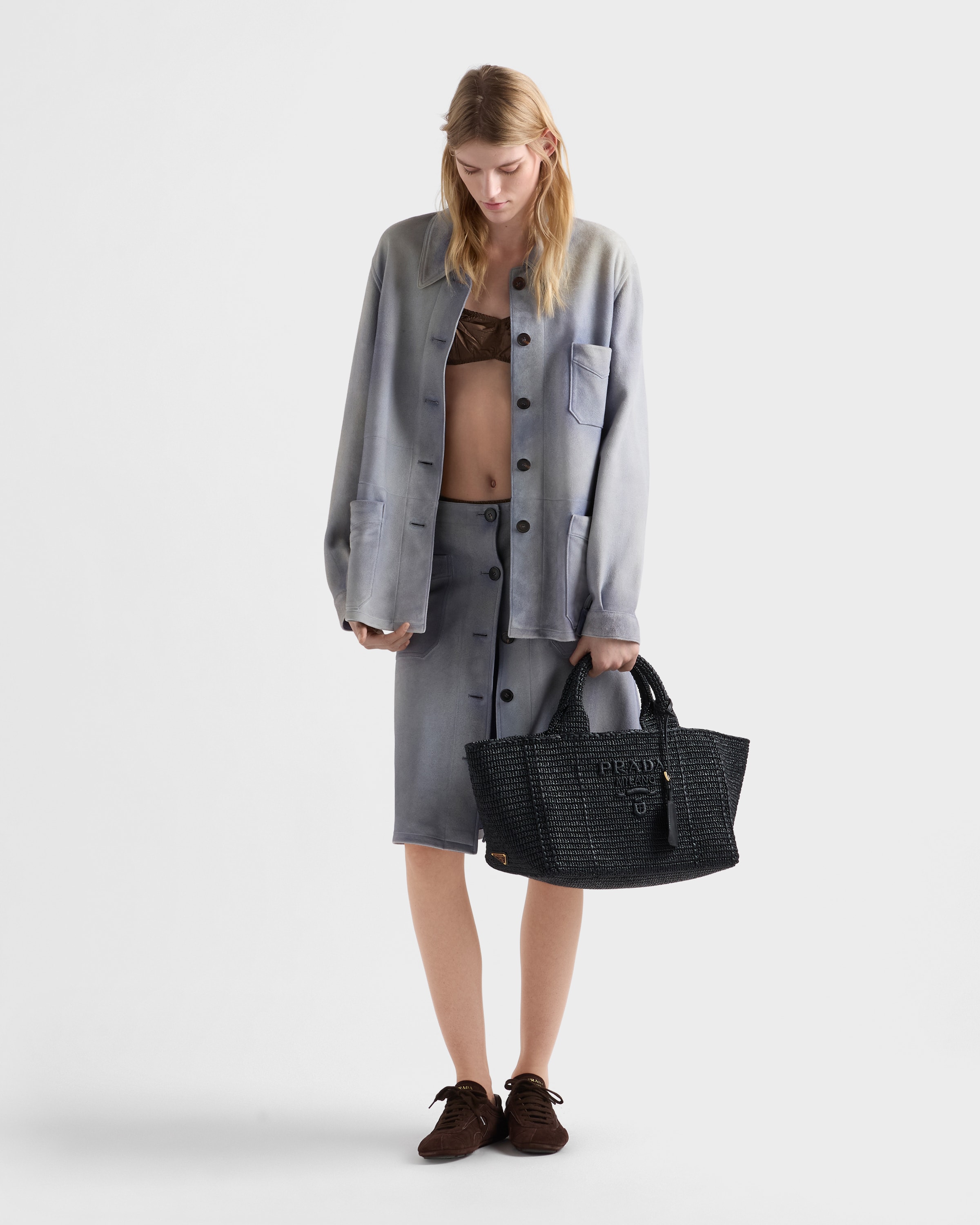 Black Large crochet tote bag with leather details | PRADA - United