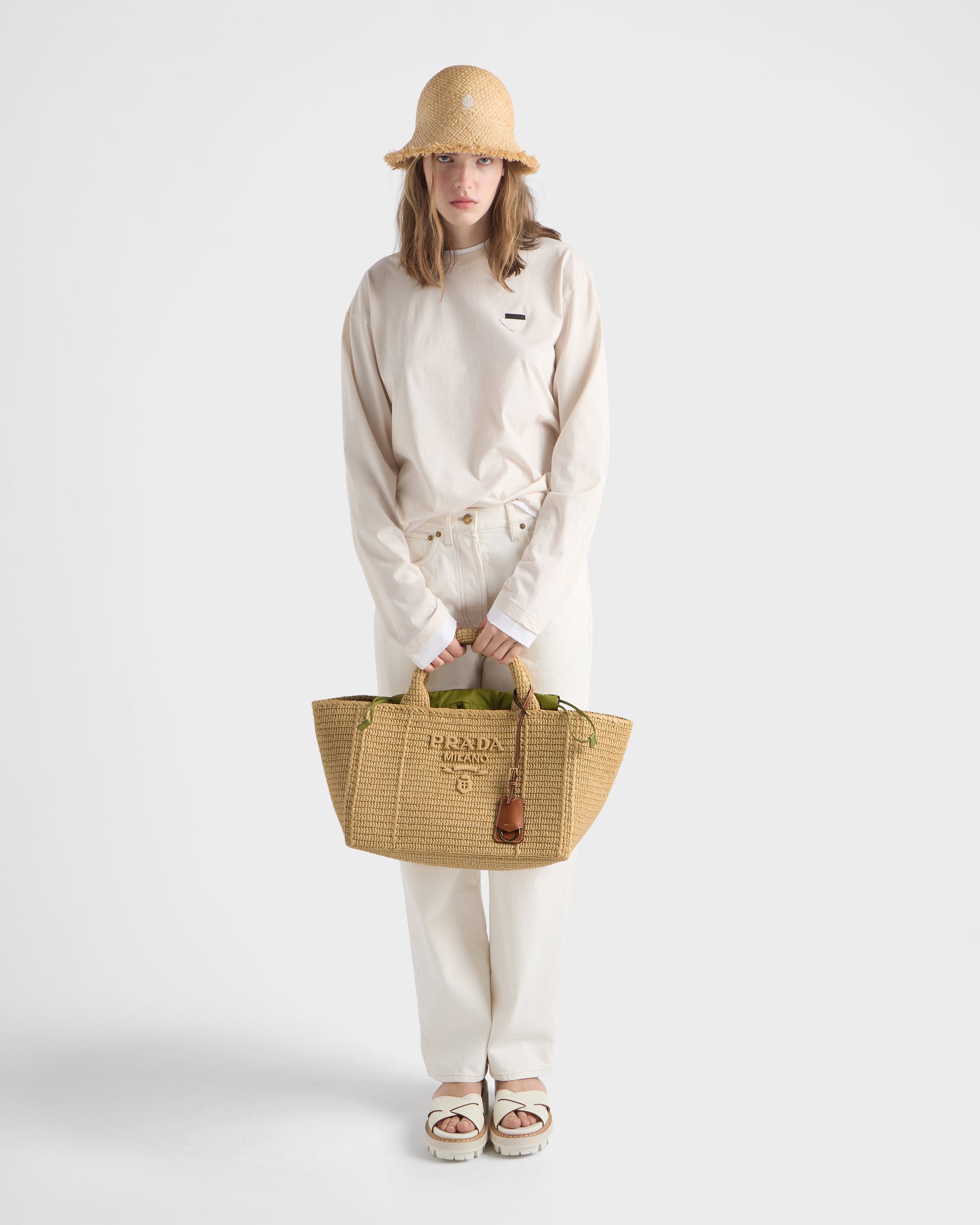Natural Large crochet tote bag with leather details | PRADA