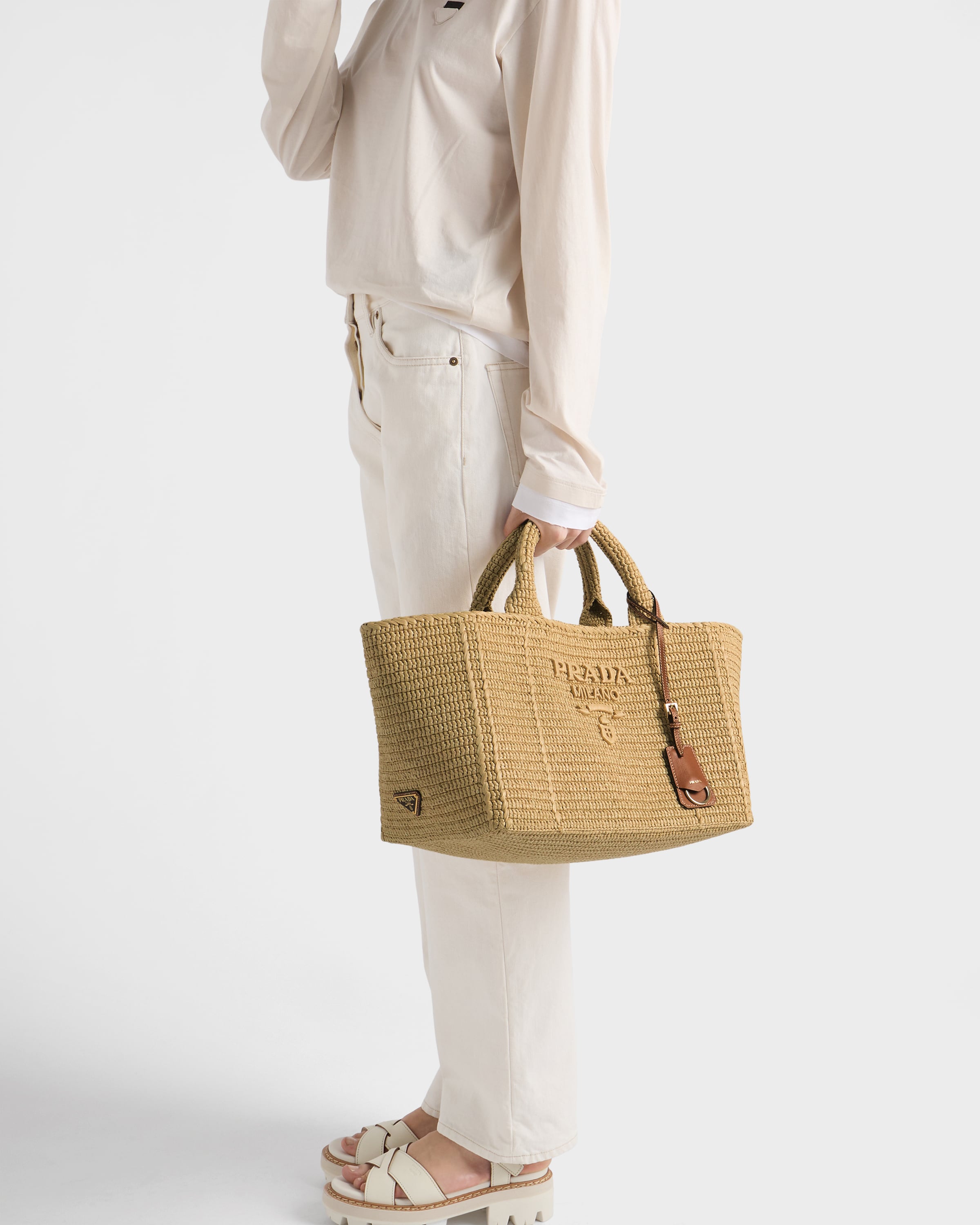 Natural Large Crochet Tote Bag With Leather Details | PRADA