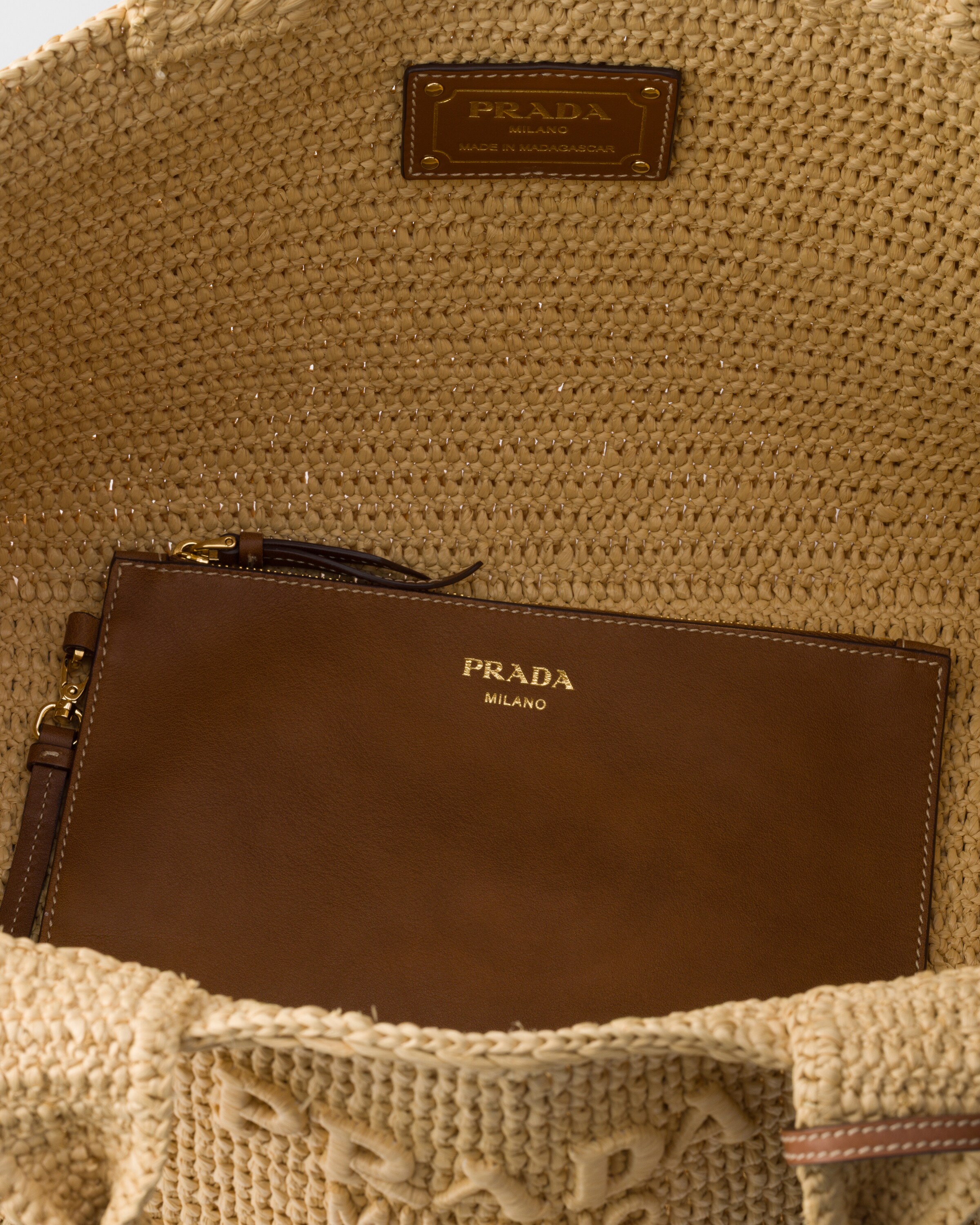 Natural Large crochet tote bag with leather details | PRADA