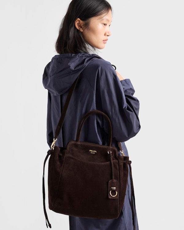 Sac Prada Carry moyen en veau velours - Marron Foncé Sac Prada Carry moyen en veau velours - Marron Foncé