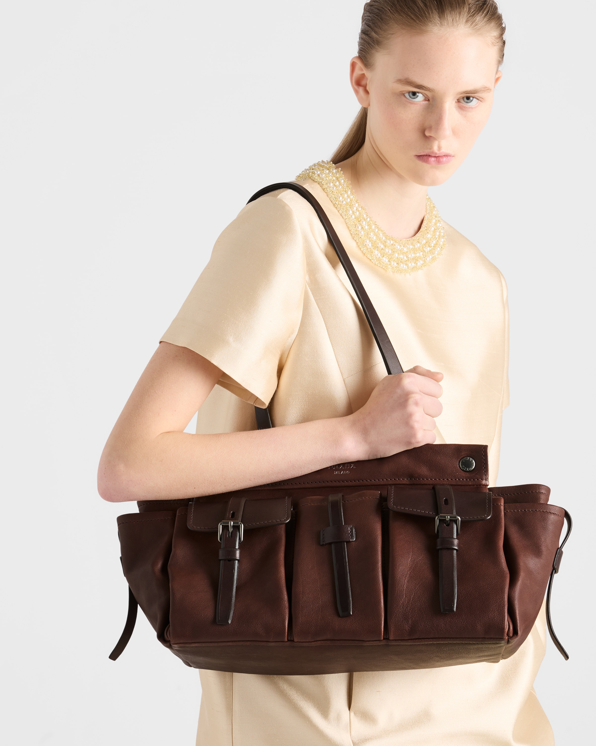 Cocoa Brown Prada Route Large Leather Tote Bag | PRADA - United States