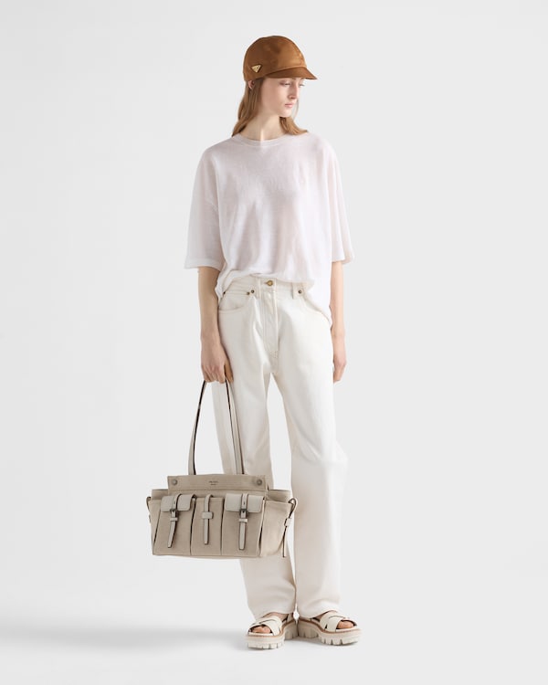 Prada Route Büyük Boy Kanvas ve Deri Tote Çanta - Natürel Prada Route Büyük Boy Kanvas ve Deri Tote Çanta - Natürel