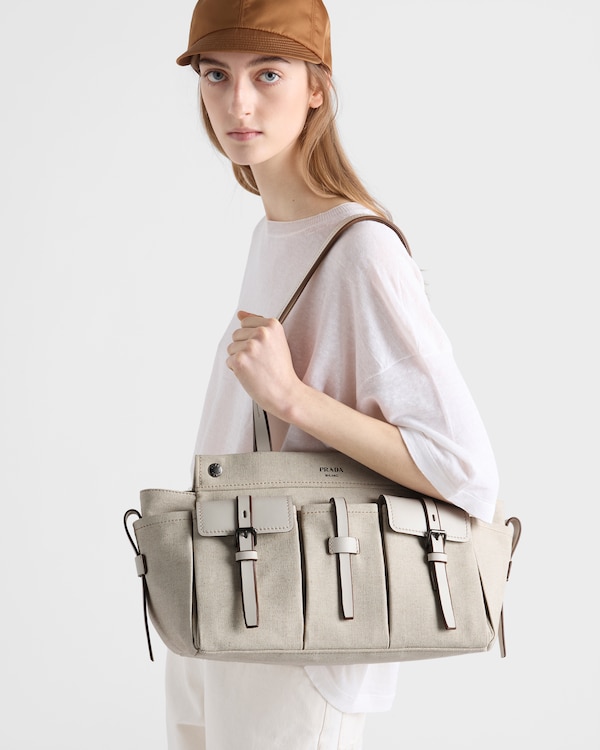 Prada Route Büyük Boy Kanvas ve Deri Tote Çanta - Natürel Prada Route Büyük Boy Kanvas ve Deri Tote Çanta - Natürel