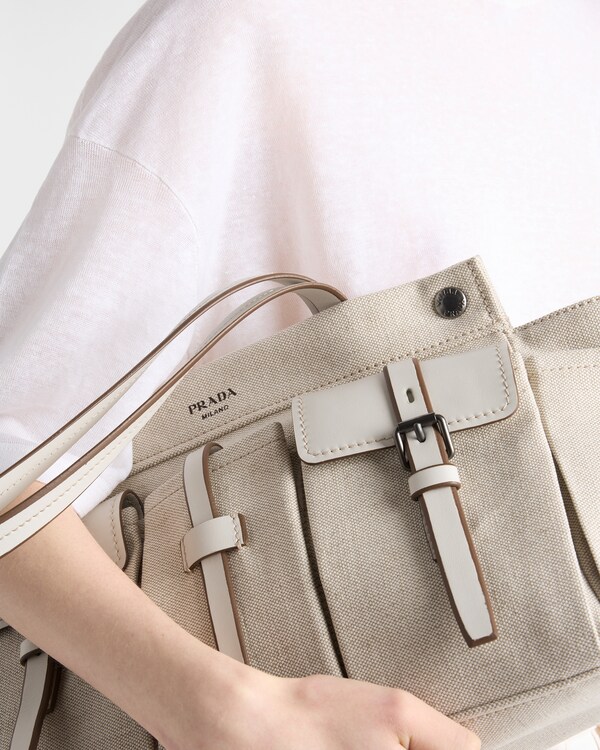 Prada Route Büyük Boy Kanvas ve Deri Tote Çanta - Natürel Prada Route Büyük Boy Kanvas ve Deri Tote Çanta - Natürel
