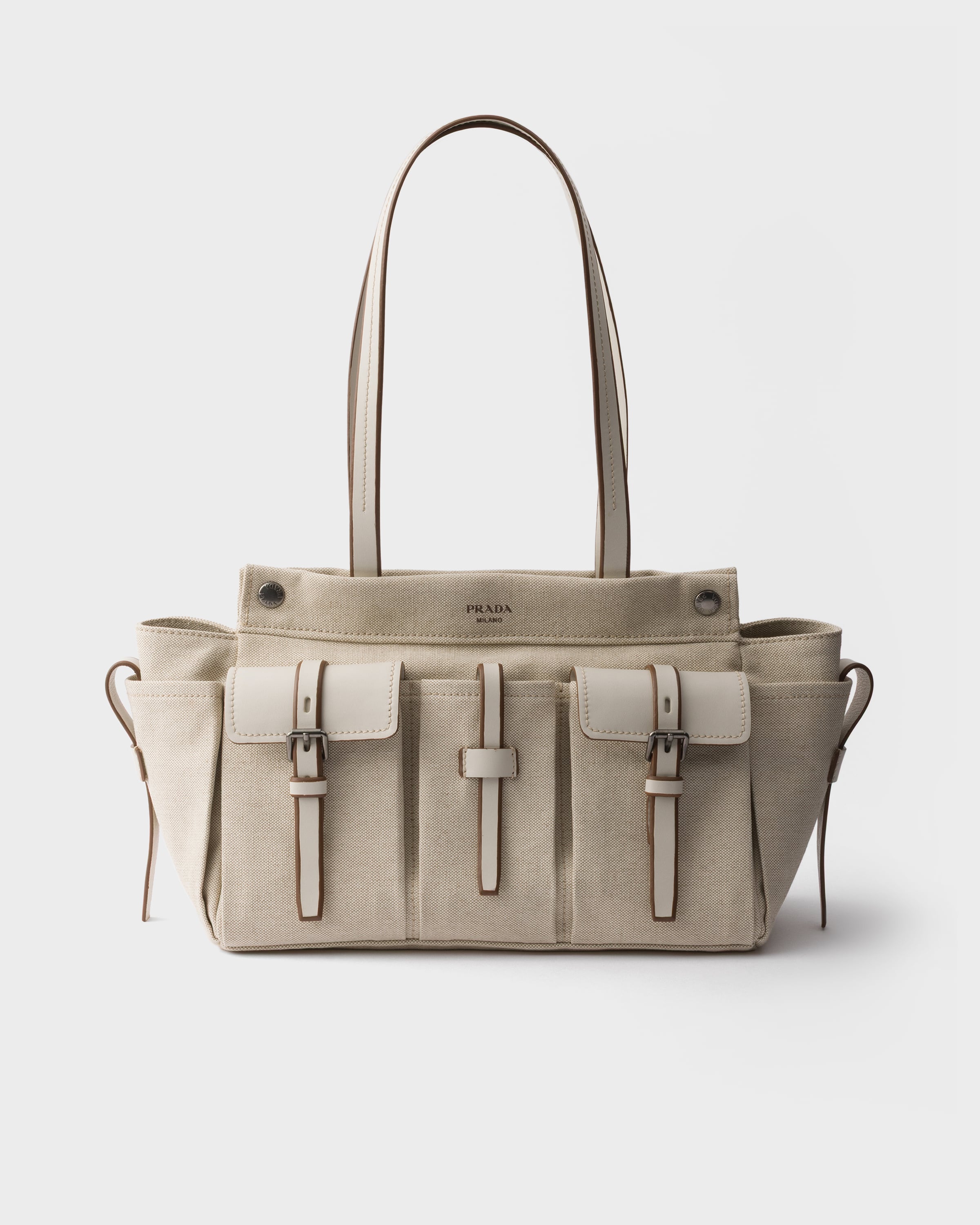 Natural Prada Route large canvas and leather tote bag | PRADA