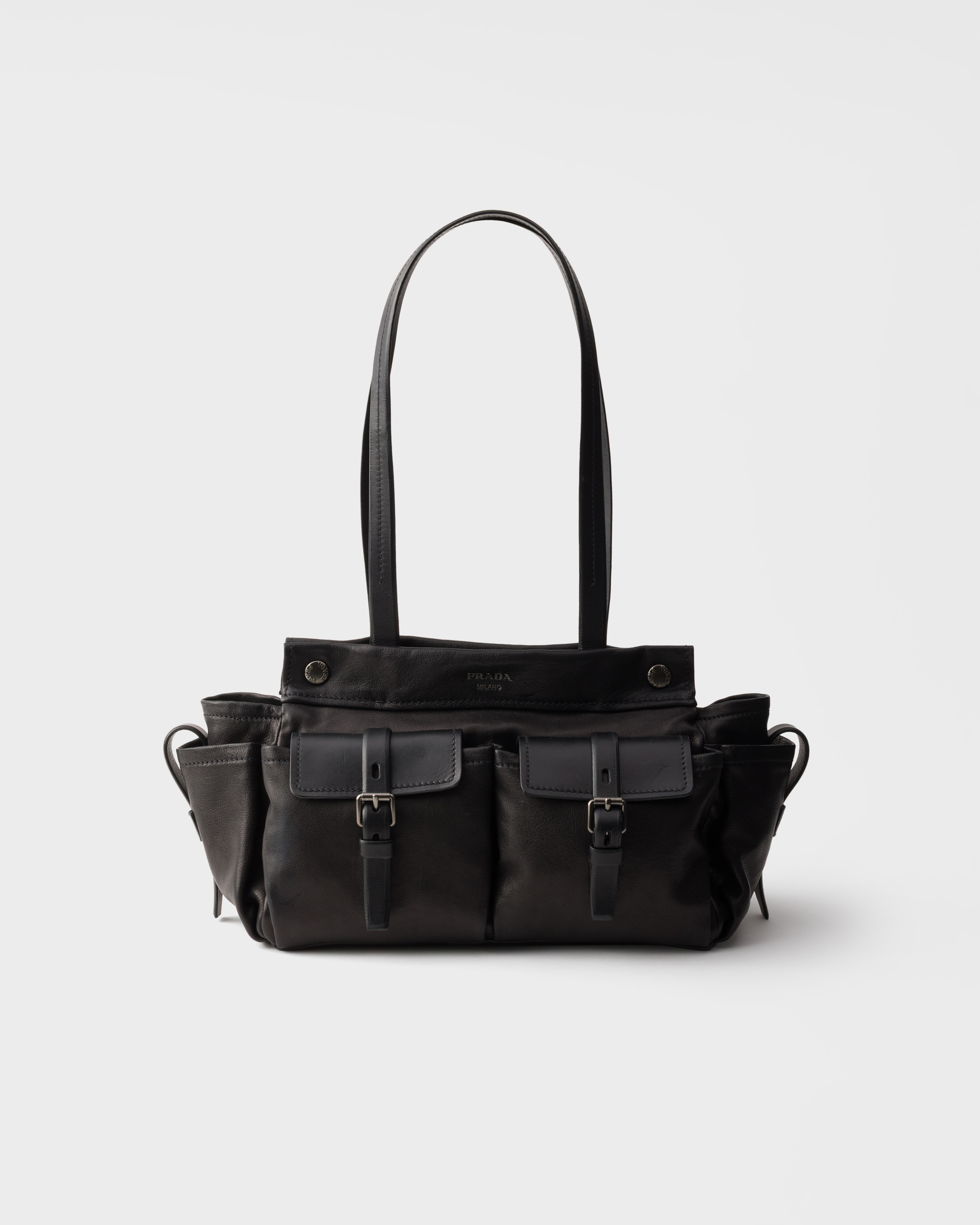 Prada Route Medium Leather Tote Bag, Woman, Black