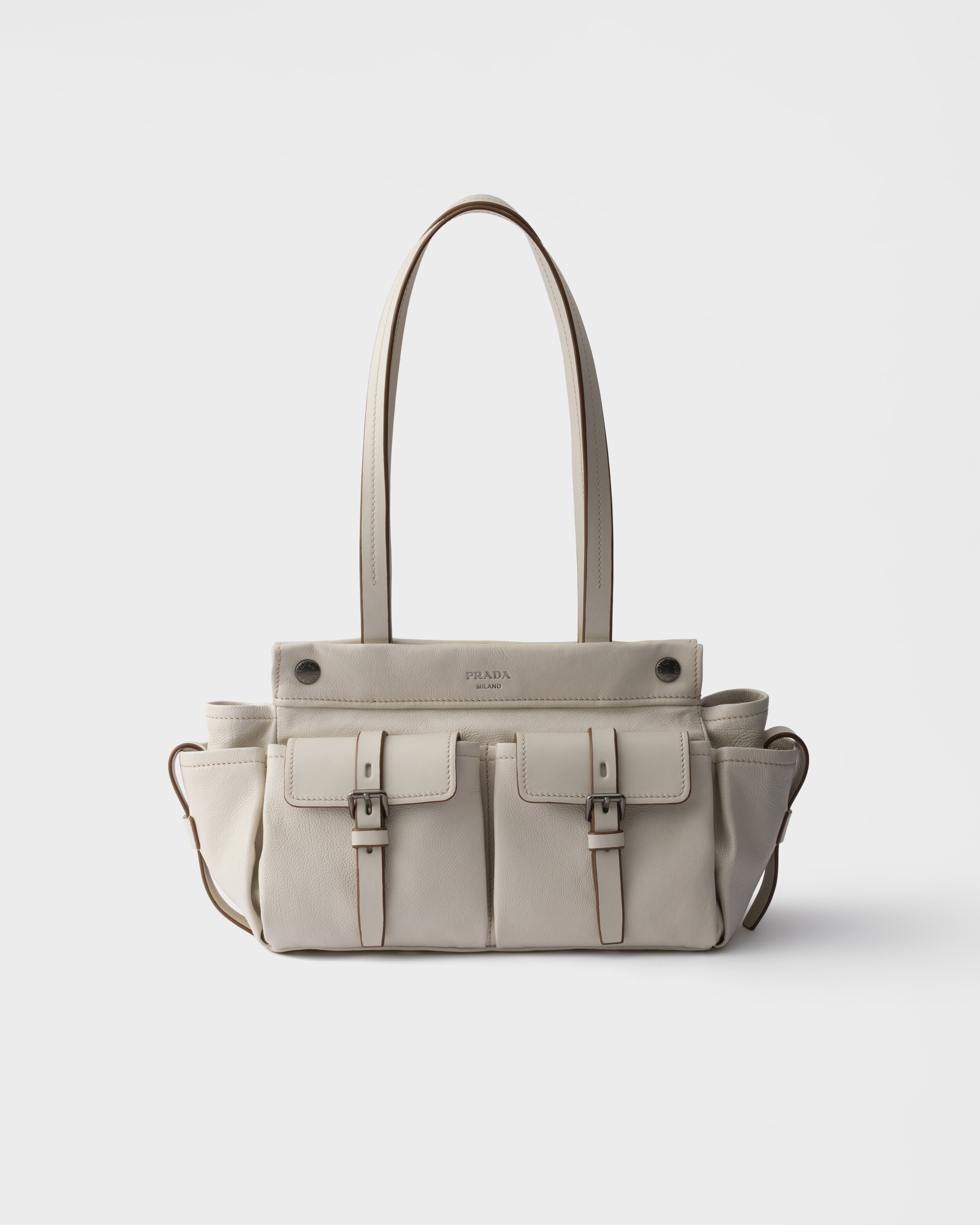 Prada Route Medium Leather Tote Bag, Woman, Chalk White