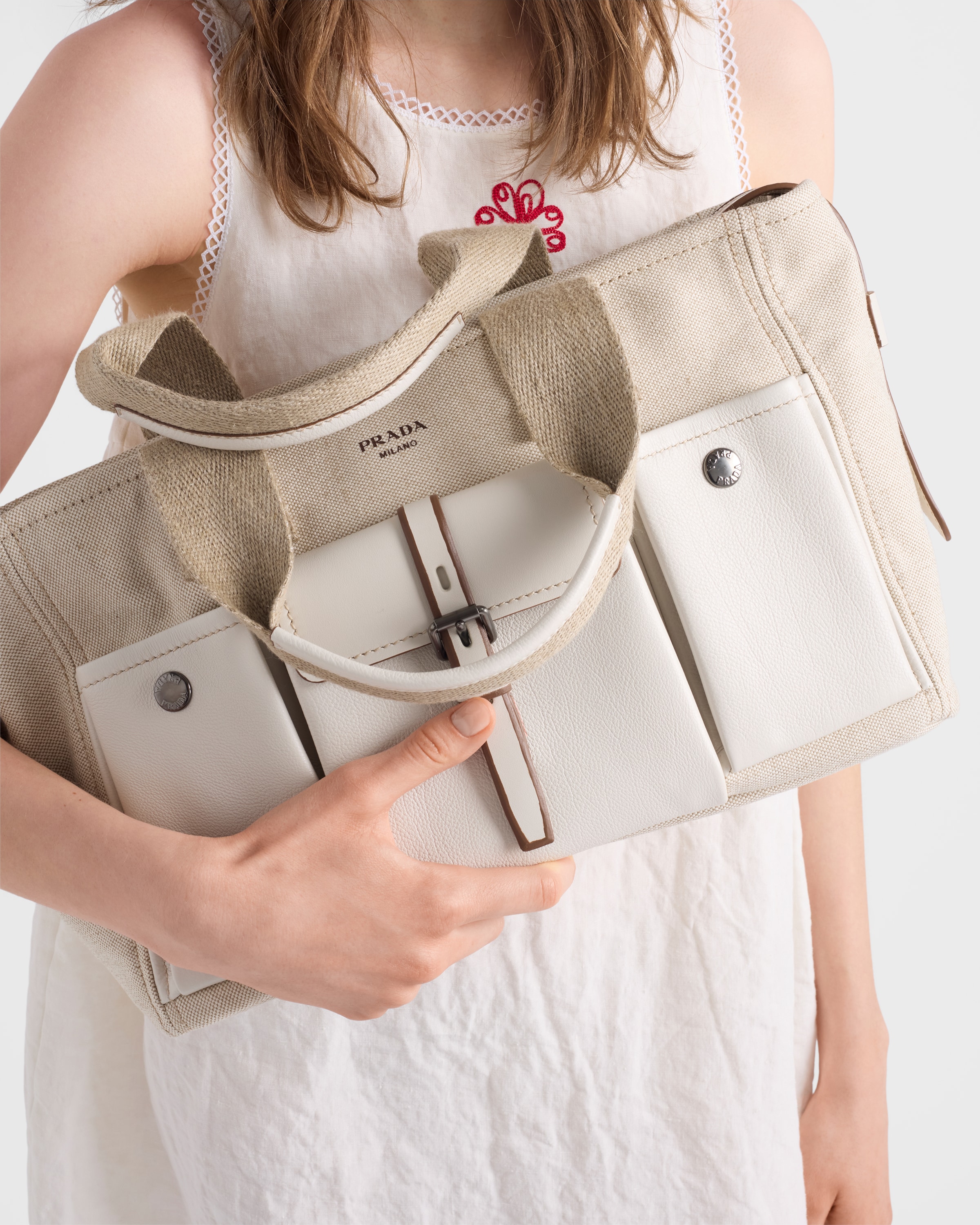 Natural Prada Route large canvas and leather tote bag | PRADA