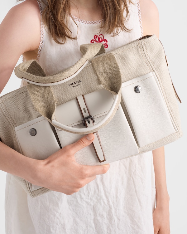 Prada Route large canvas and leather tote bag - Natural Prada Route large canvas and leather tote bag - Natural